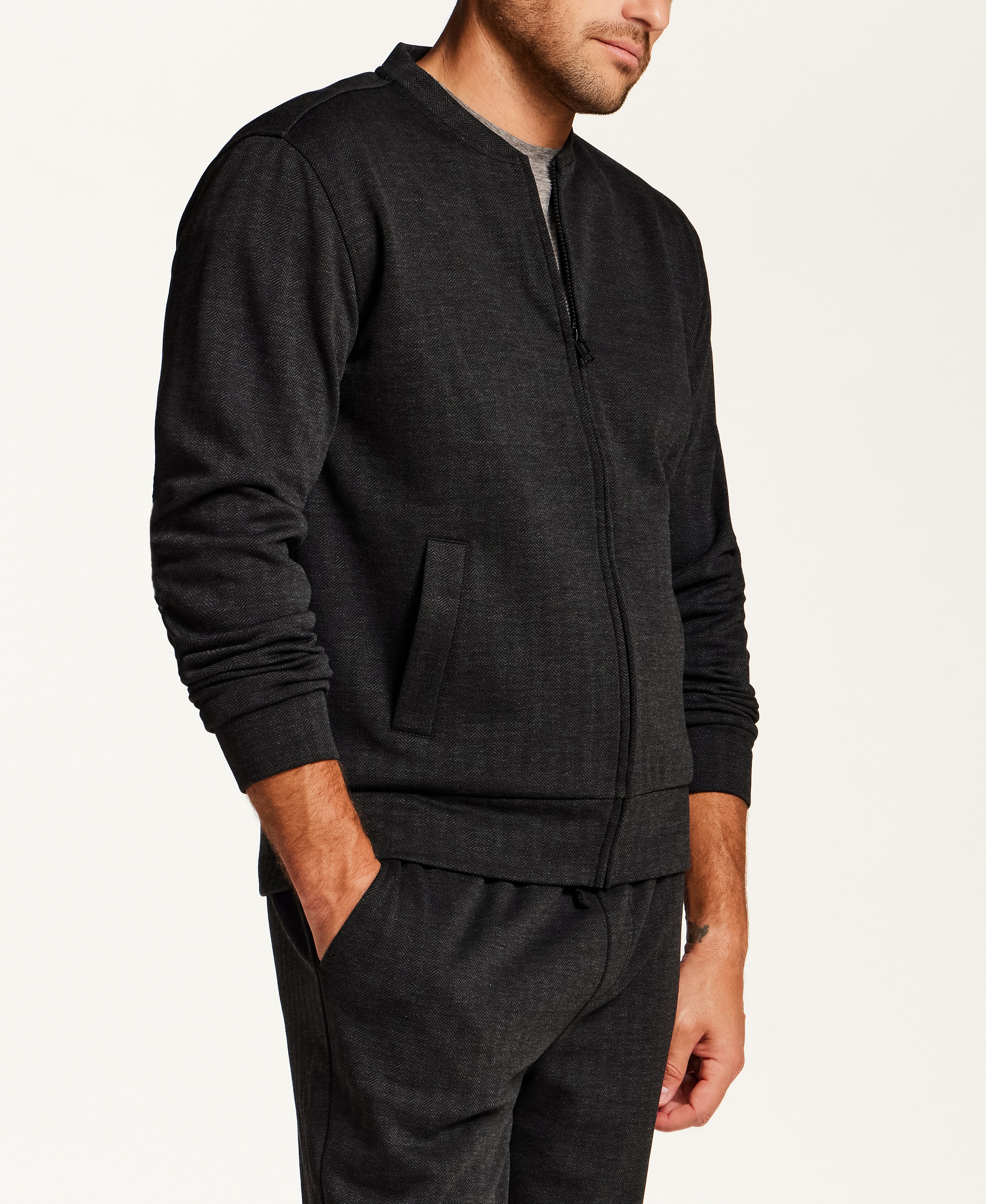 Herringbone Full Zip Bomber Jacket in Black