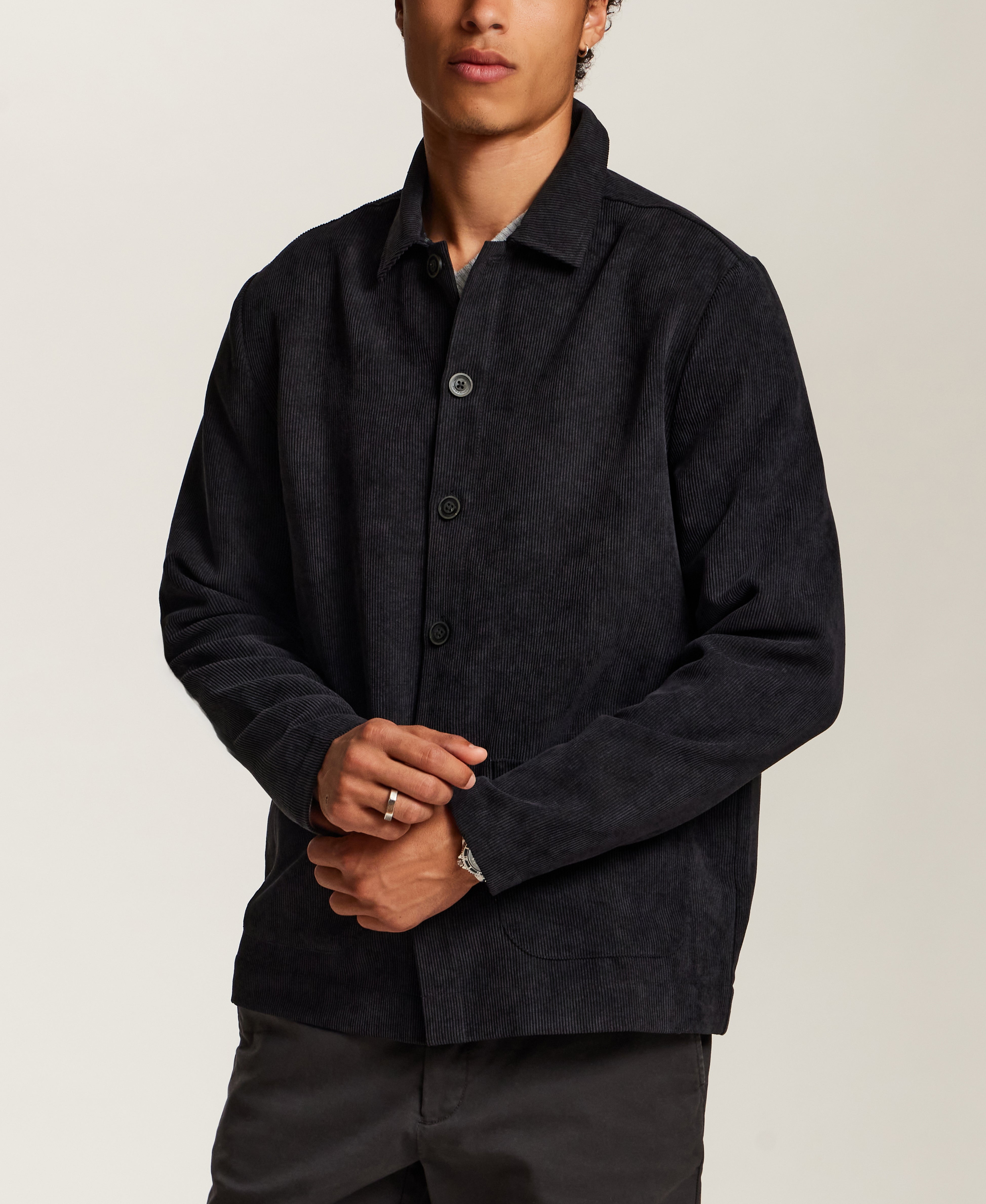 Wide Wale Corduroy Patch Pocket Overshirt in Black