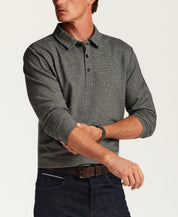 Long-Sleeve Neat Print Knit Polo in Grey Heather