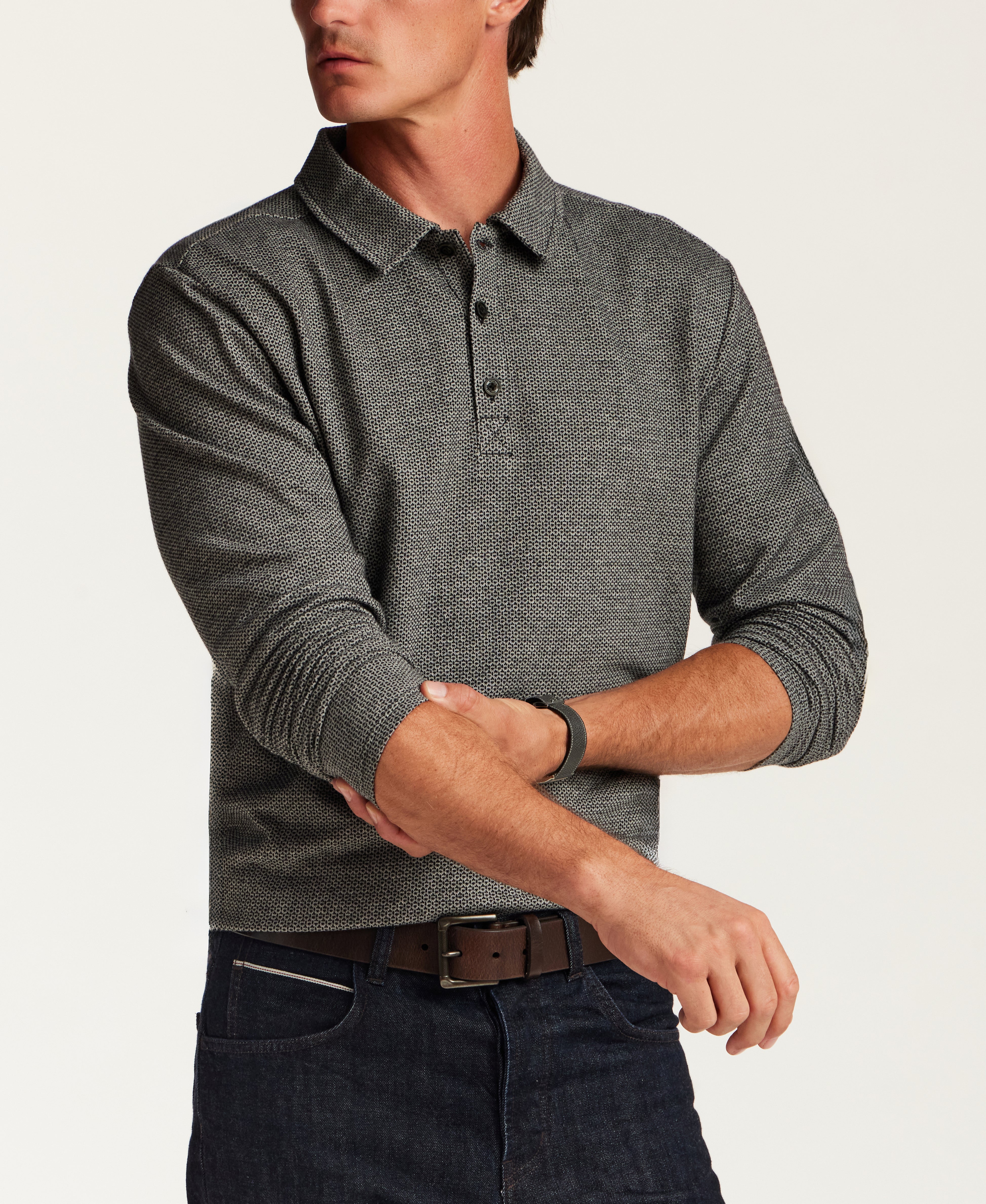 Long Sleeve Neat Print Polo in Grey Heather
