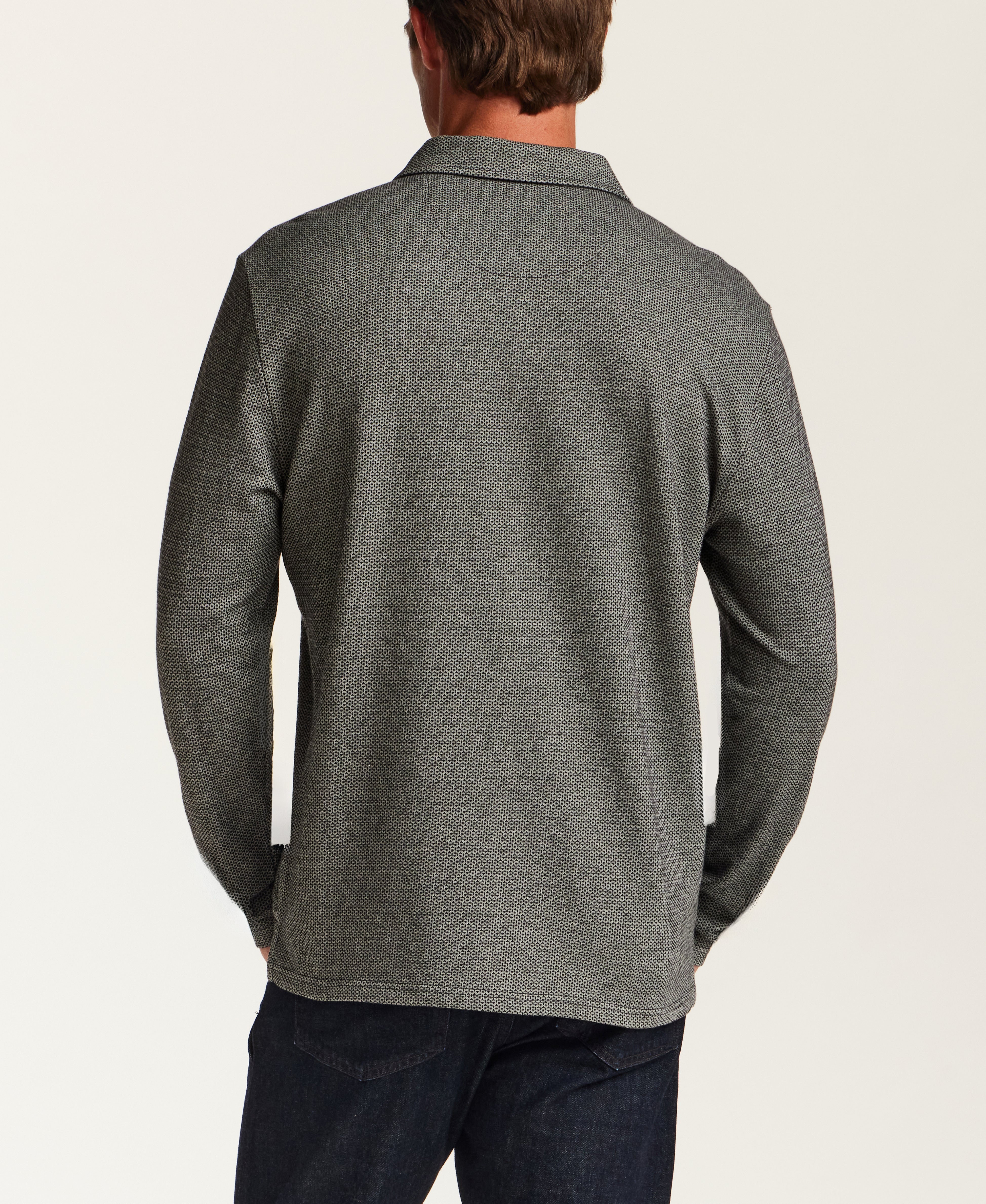 Long Sleeve Neat Print Polo in Grey Heather