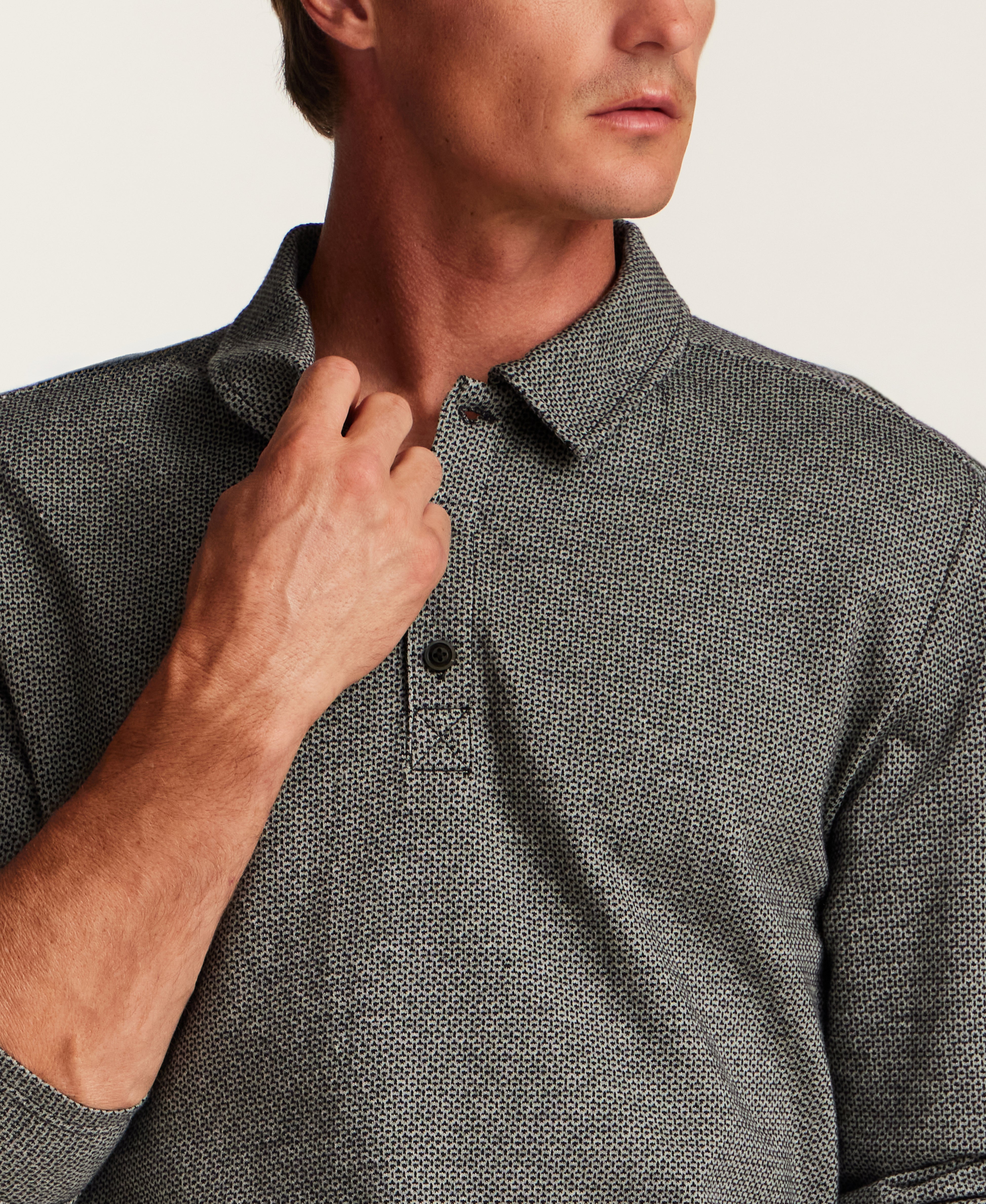 Long Sleeve Neat Print Polo in Grey Heather