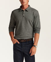 Long-Sleeve Neat Print Knit Polo in Grey Heather