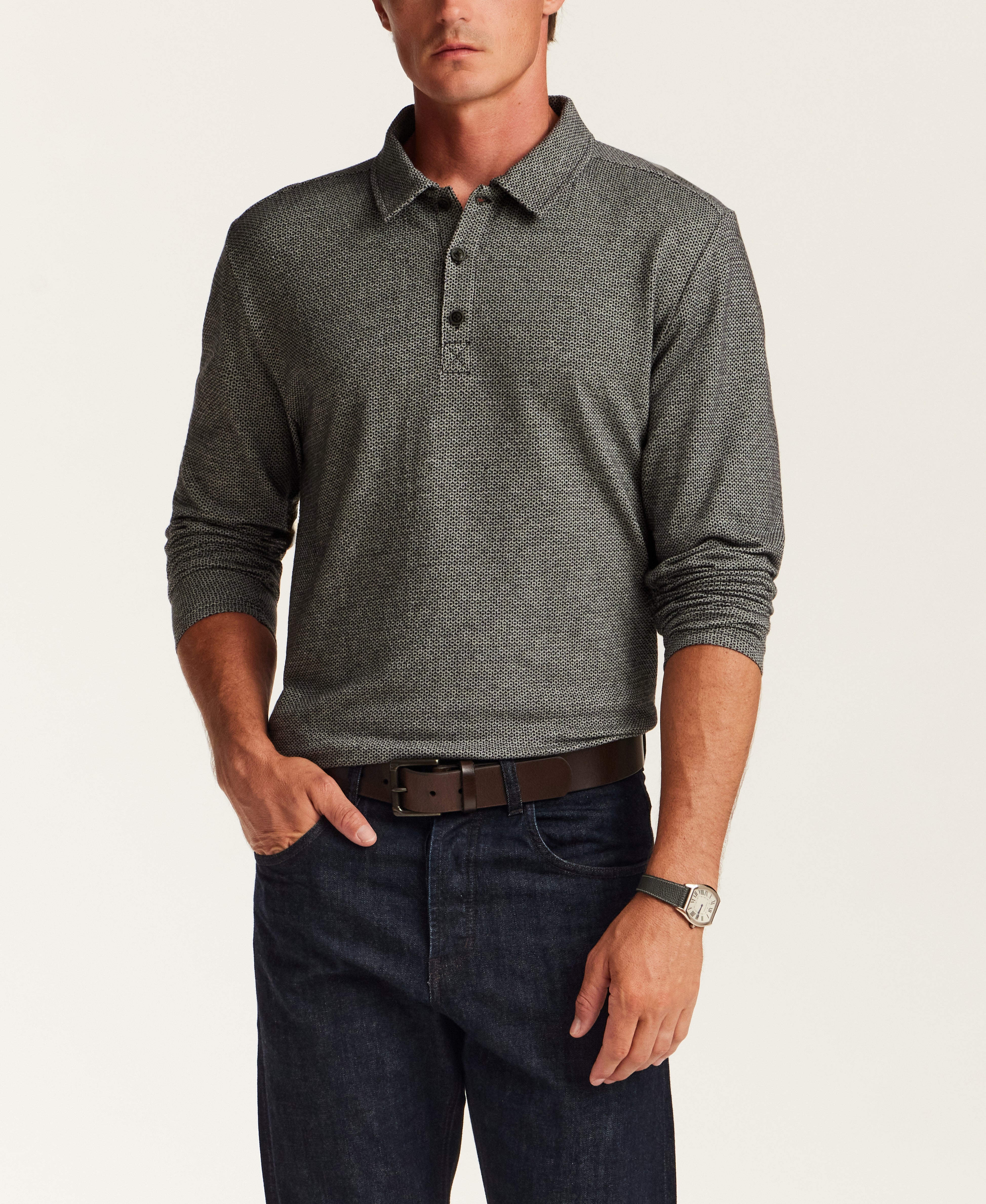 Long-Sleeve Neat Print Knit Polo in Grey Heather