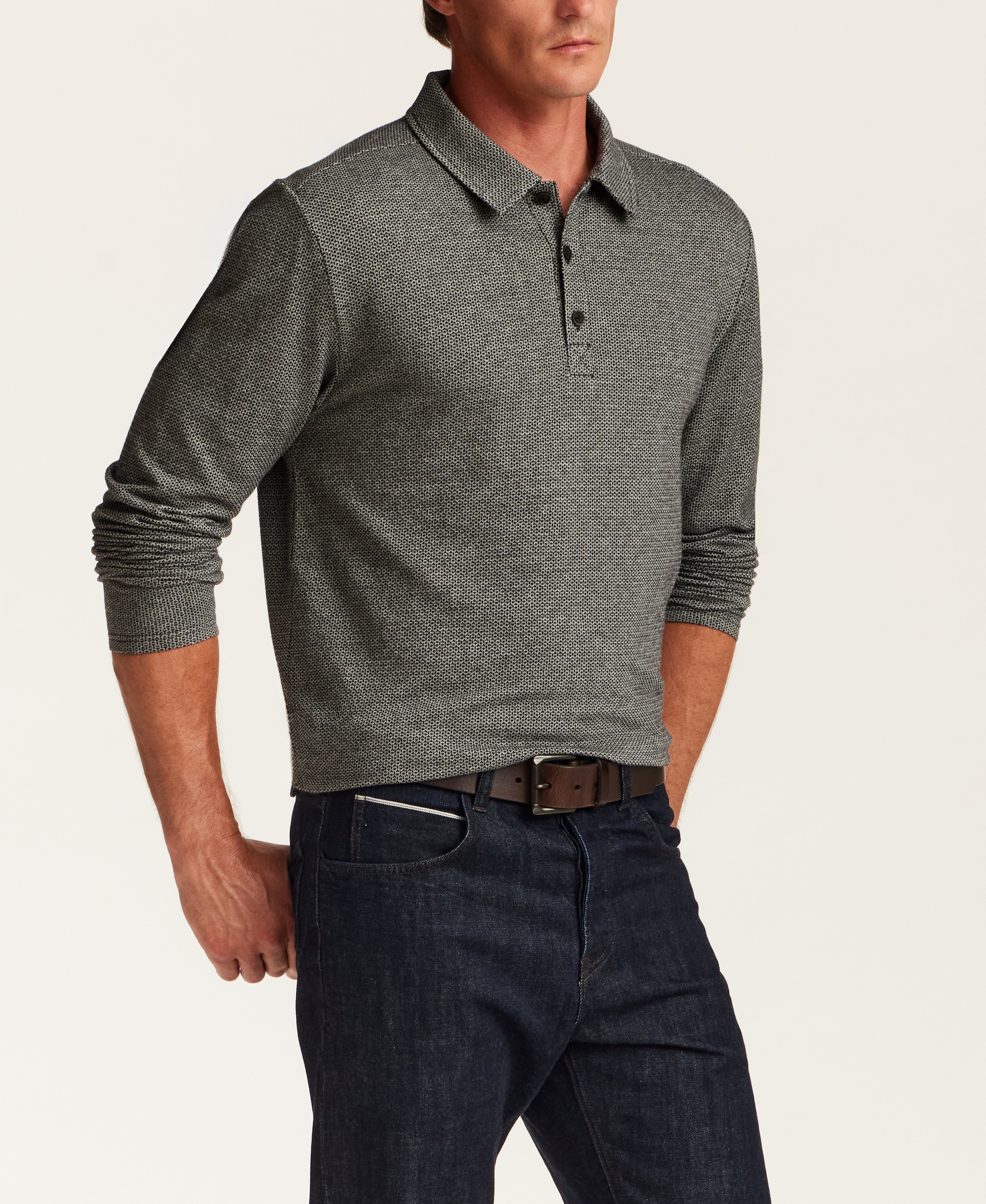 Long Sleeve Neat Print Polo in Grey Heather