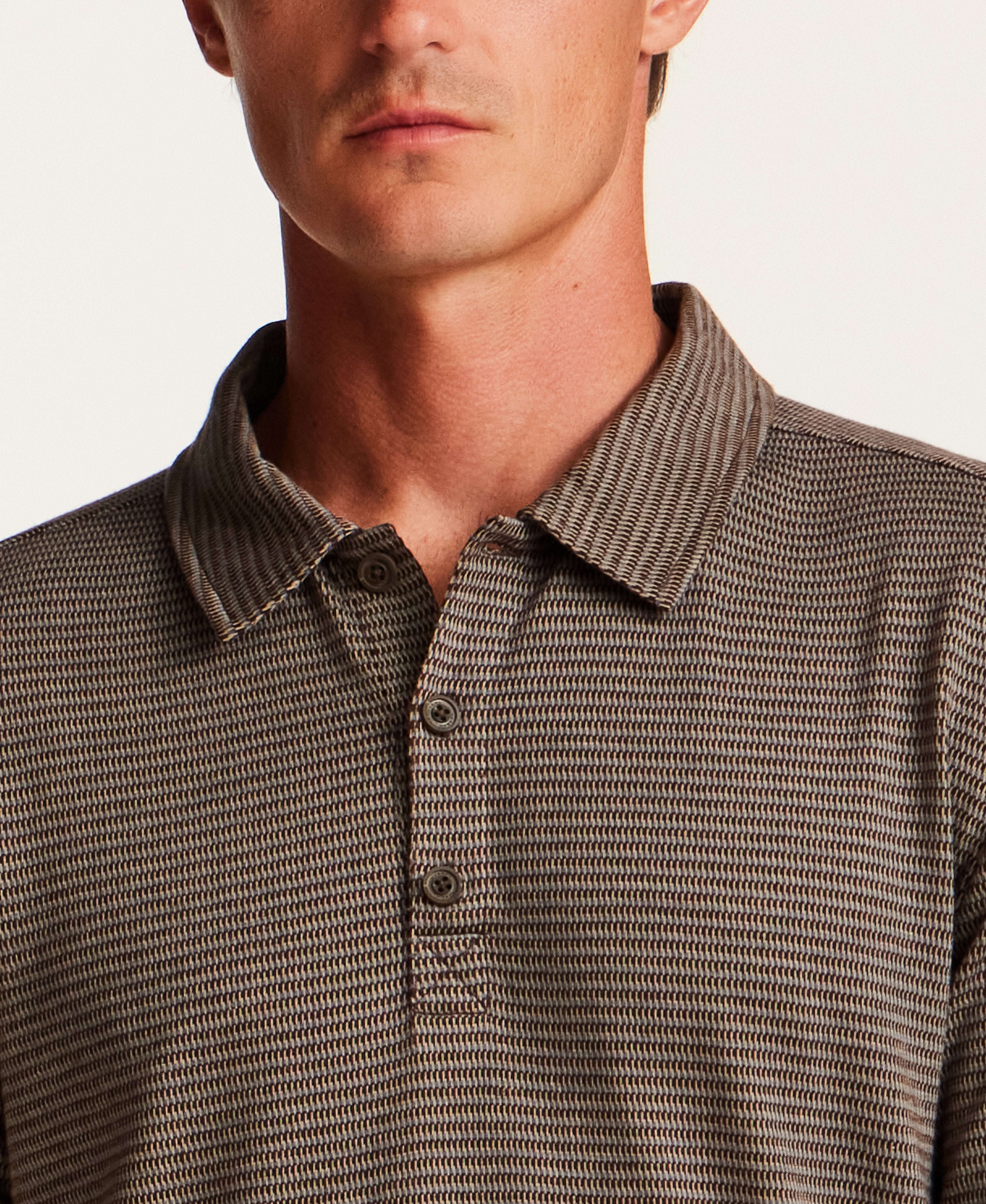Broken Stripe Long-Sleeve Polo in Brown Blue