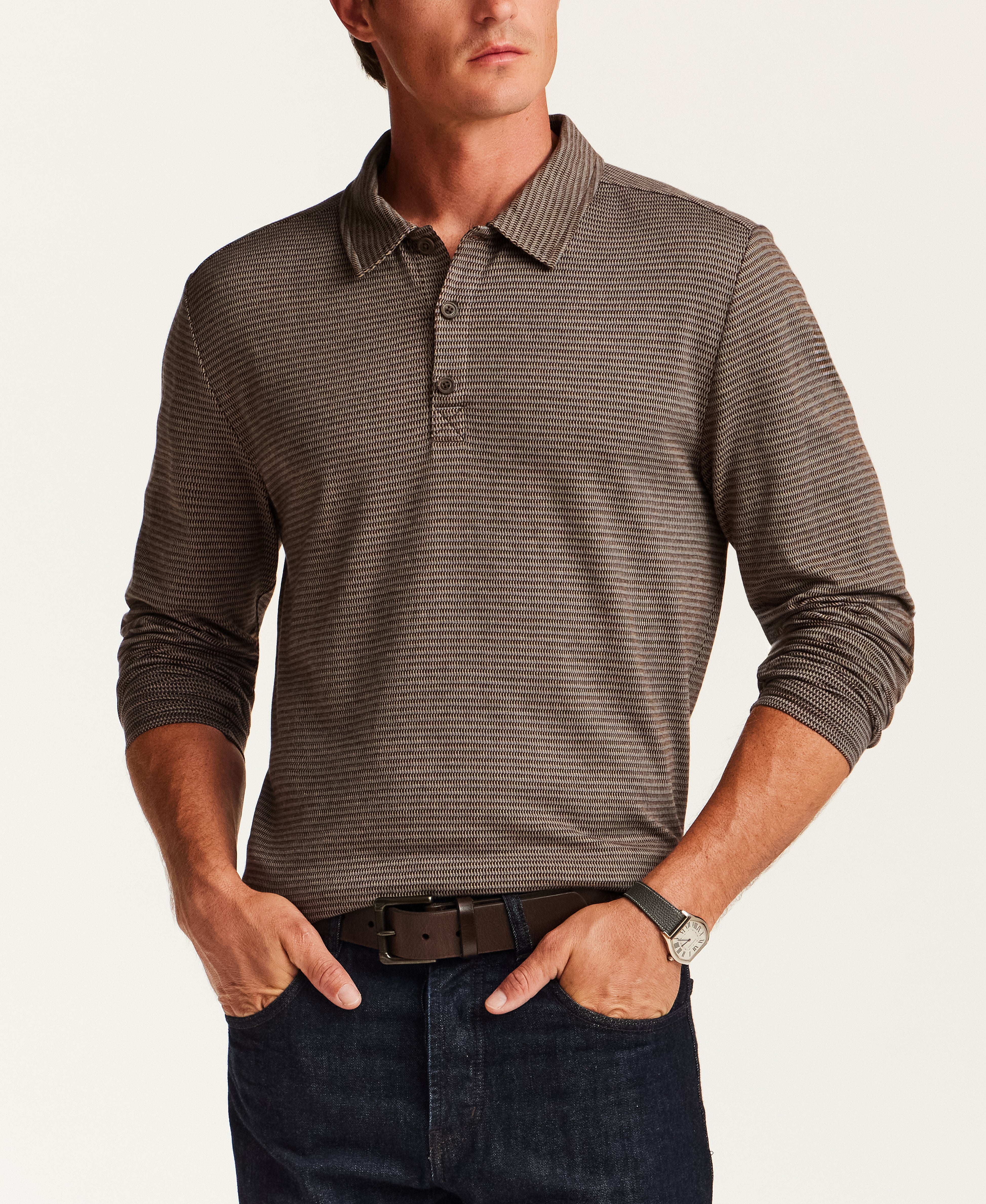 Broken Stripe Long-Sleeve Polo in Brown Blue