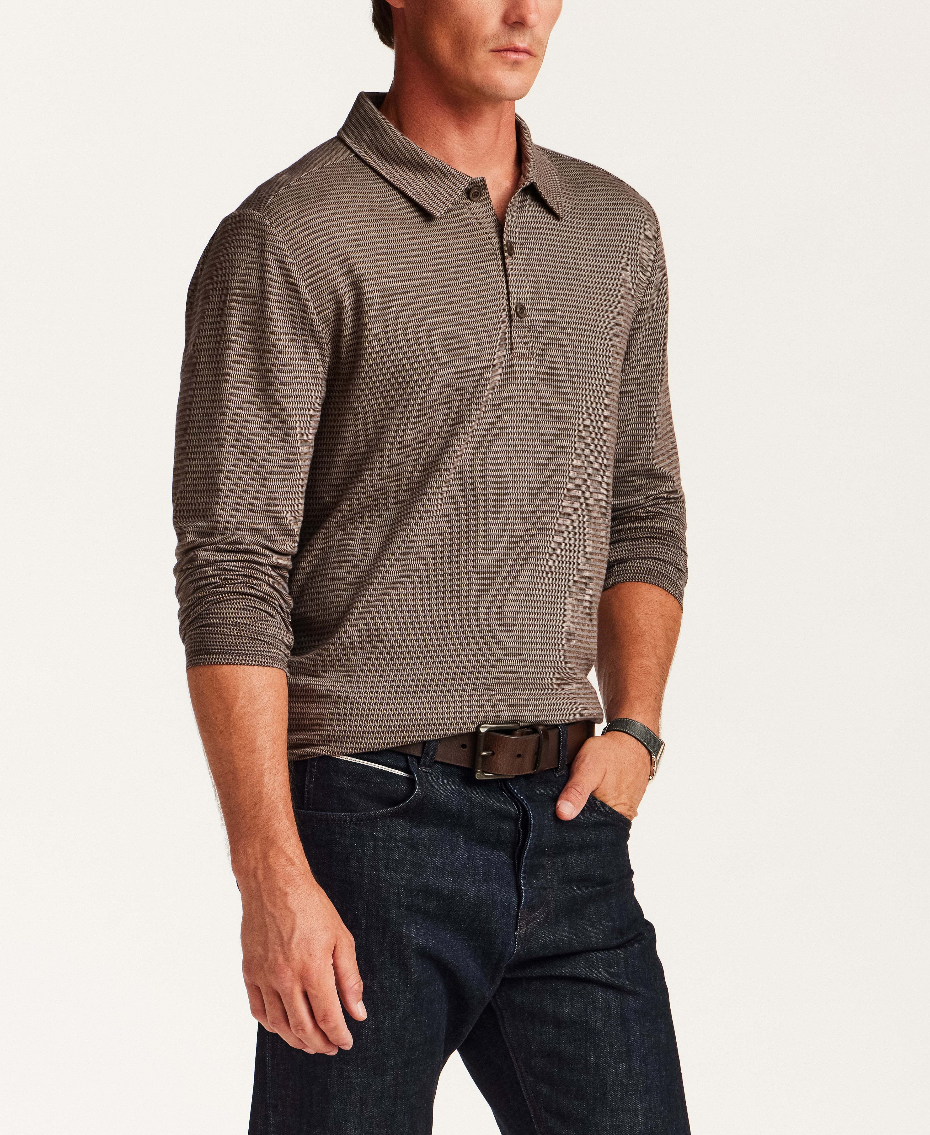 Broken Stripe Long-Sleeve Polo in Brown Blue
