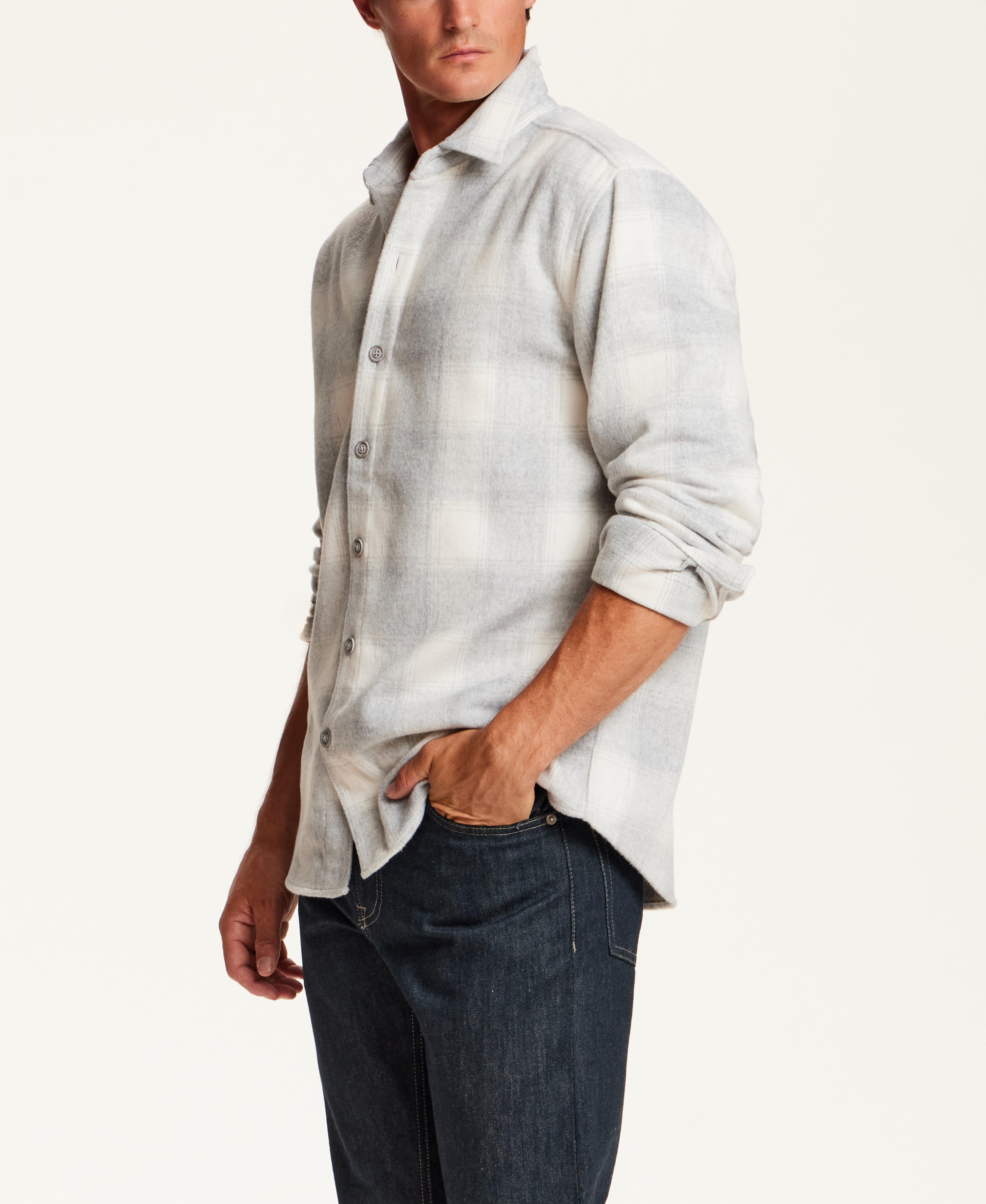 Brushed Plaid Overshirt in Light Grey