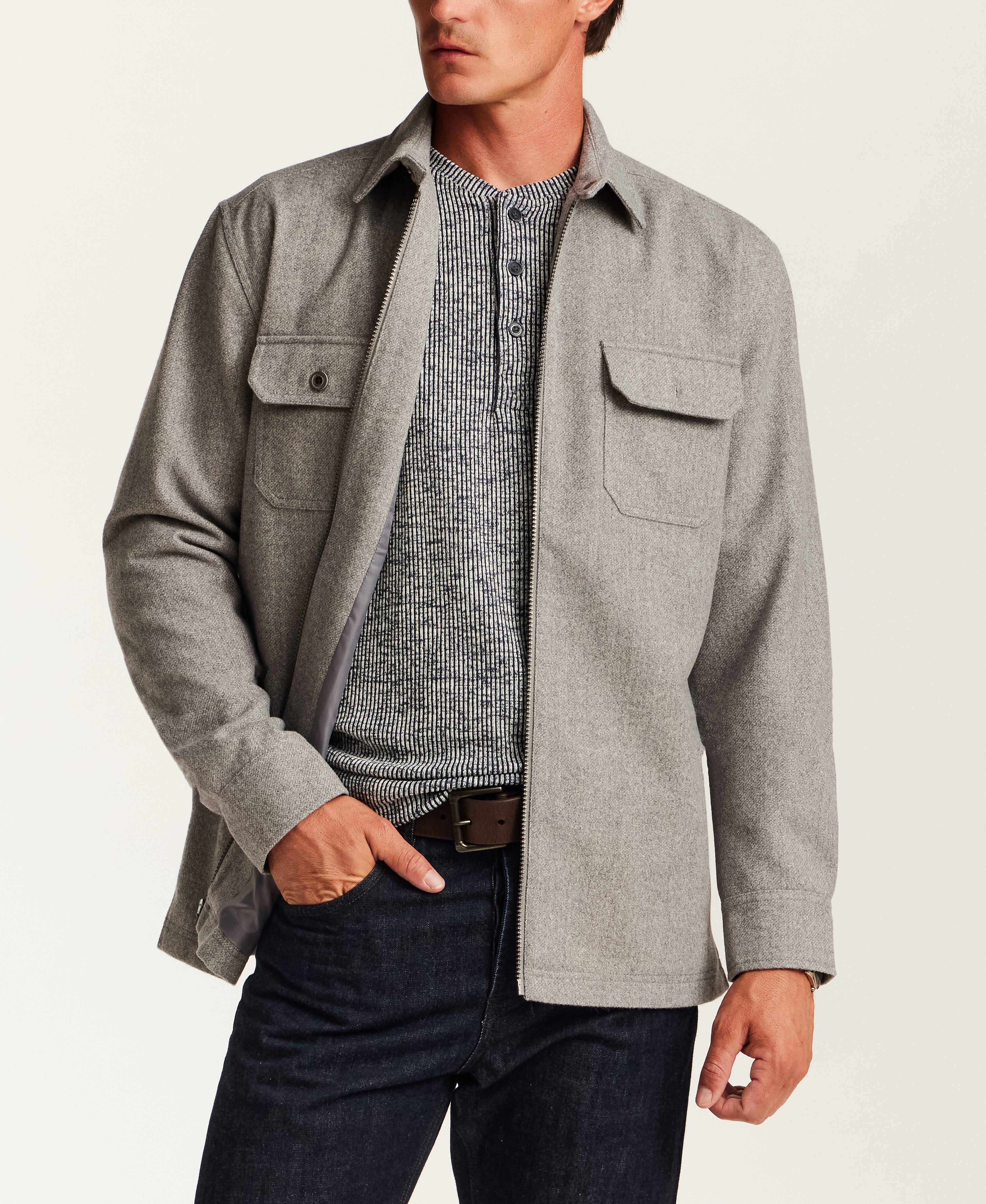 Brushed Mélange Zip Shirt Jacket in Grey Heather