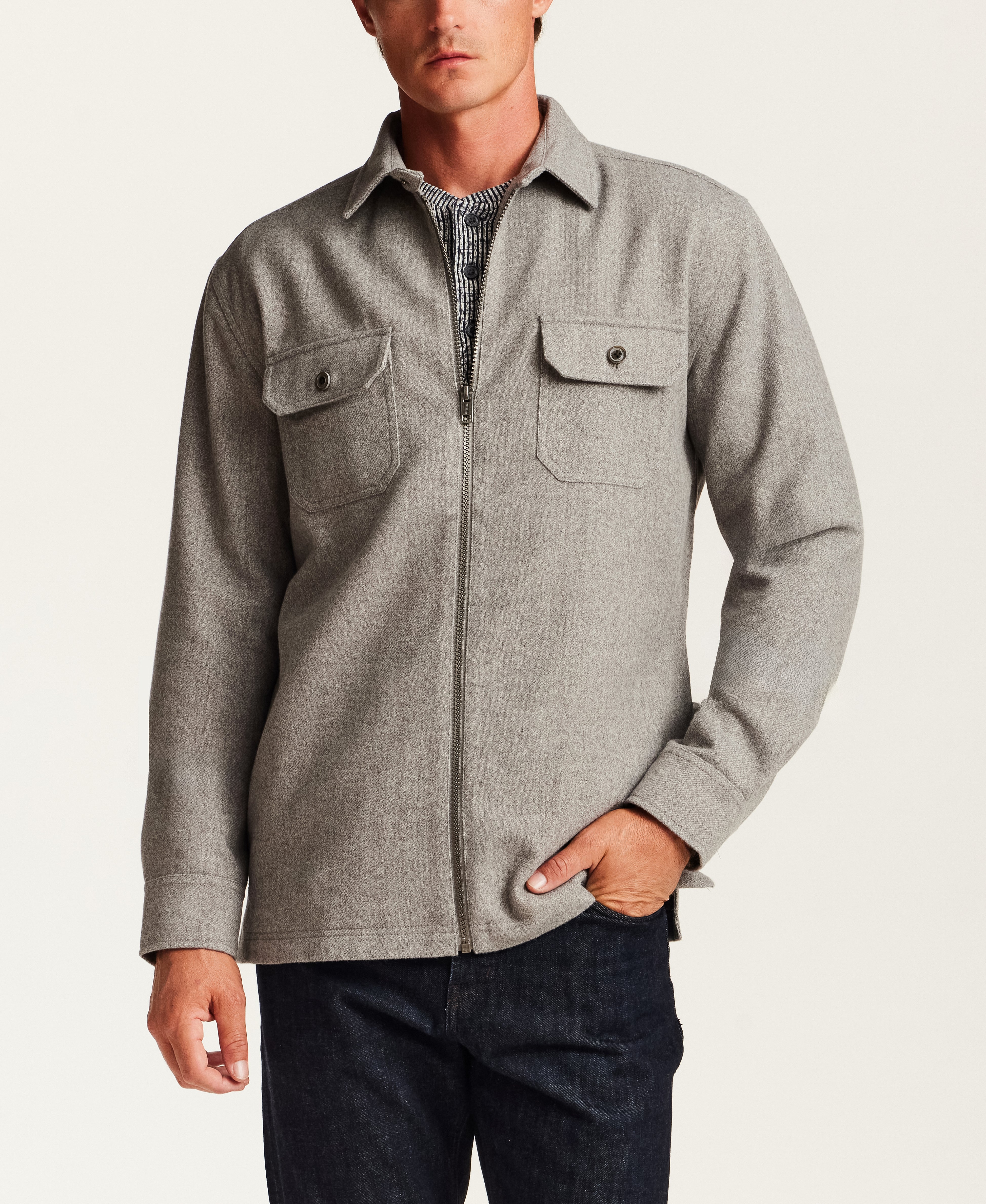 Brushed Mélange Zip Shirt Jacket in Grey Heather
