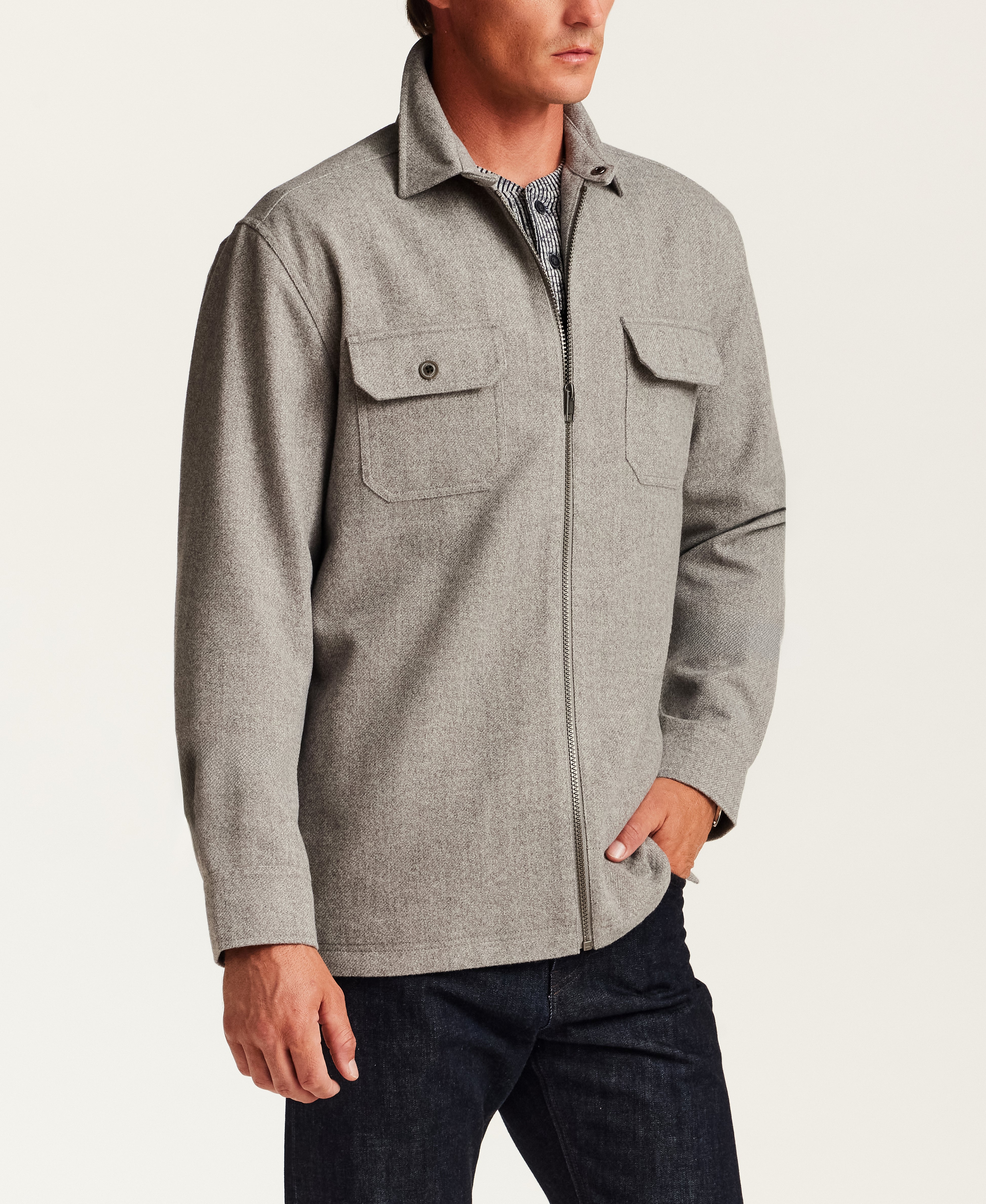 Brushed Mélange Zip Shirt Jacket in Grey Heather