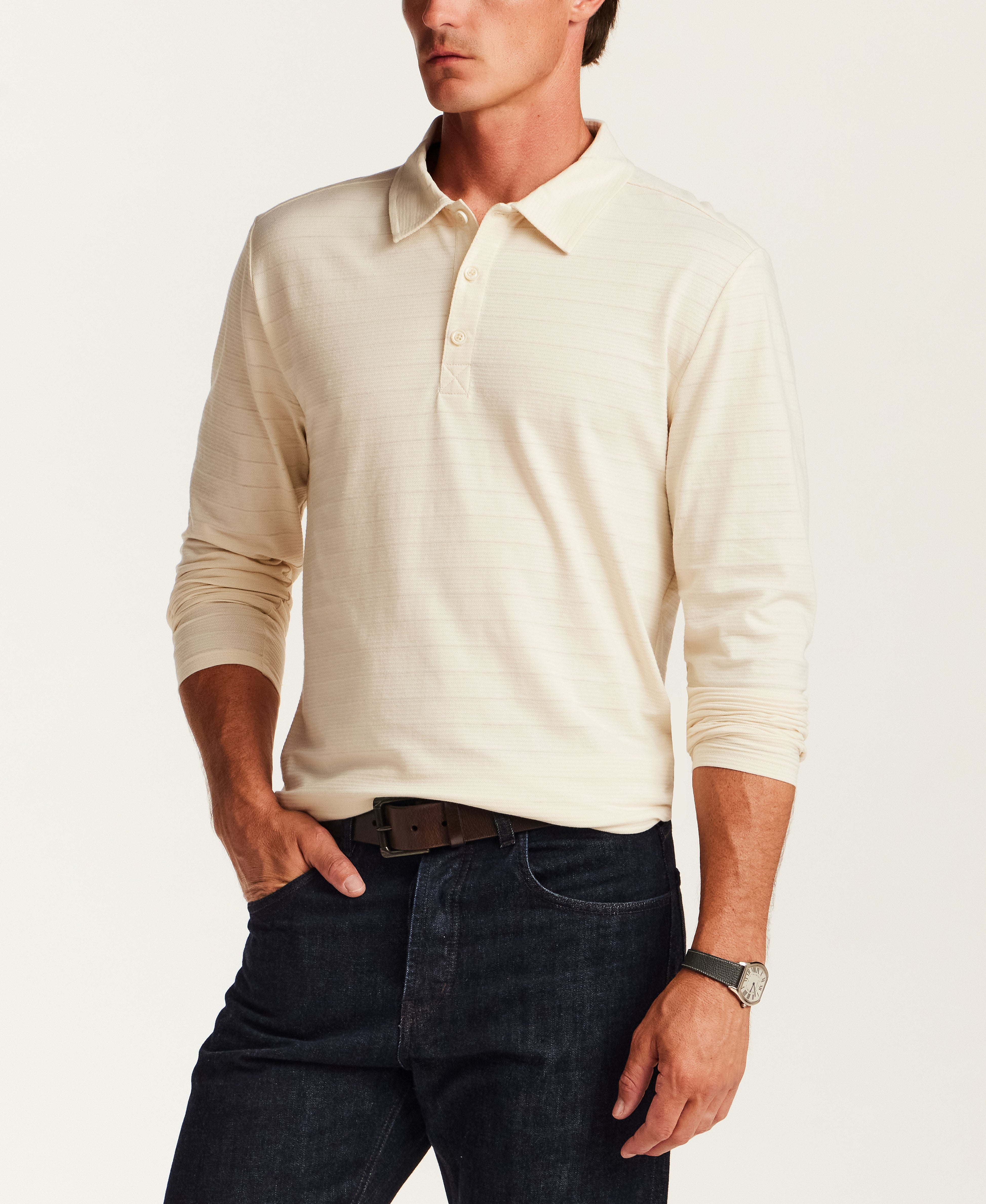 Jacquard Horizontal Stripe Polo in Cream