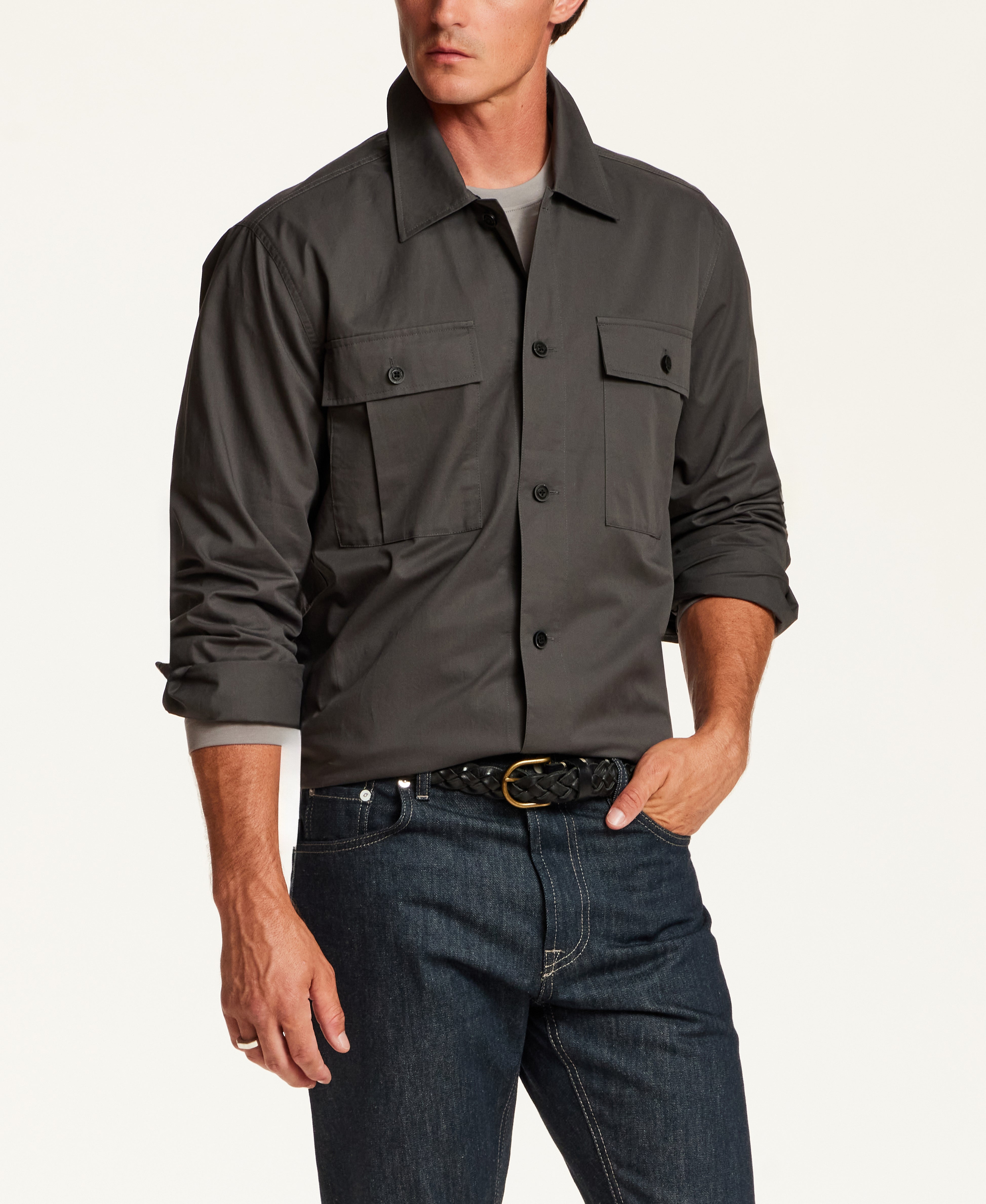 Cotton-Stretch Twill Overshirt in Charcoal