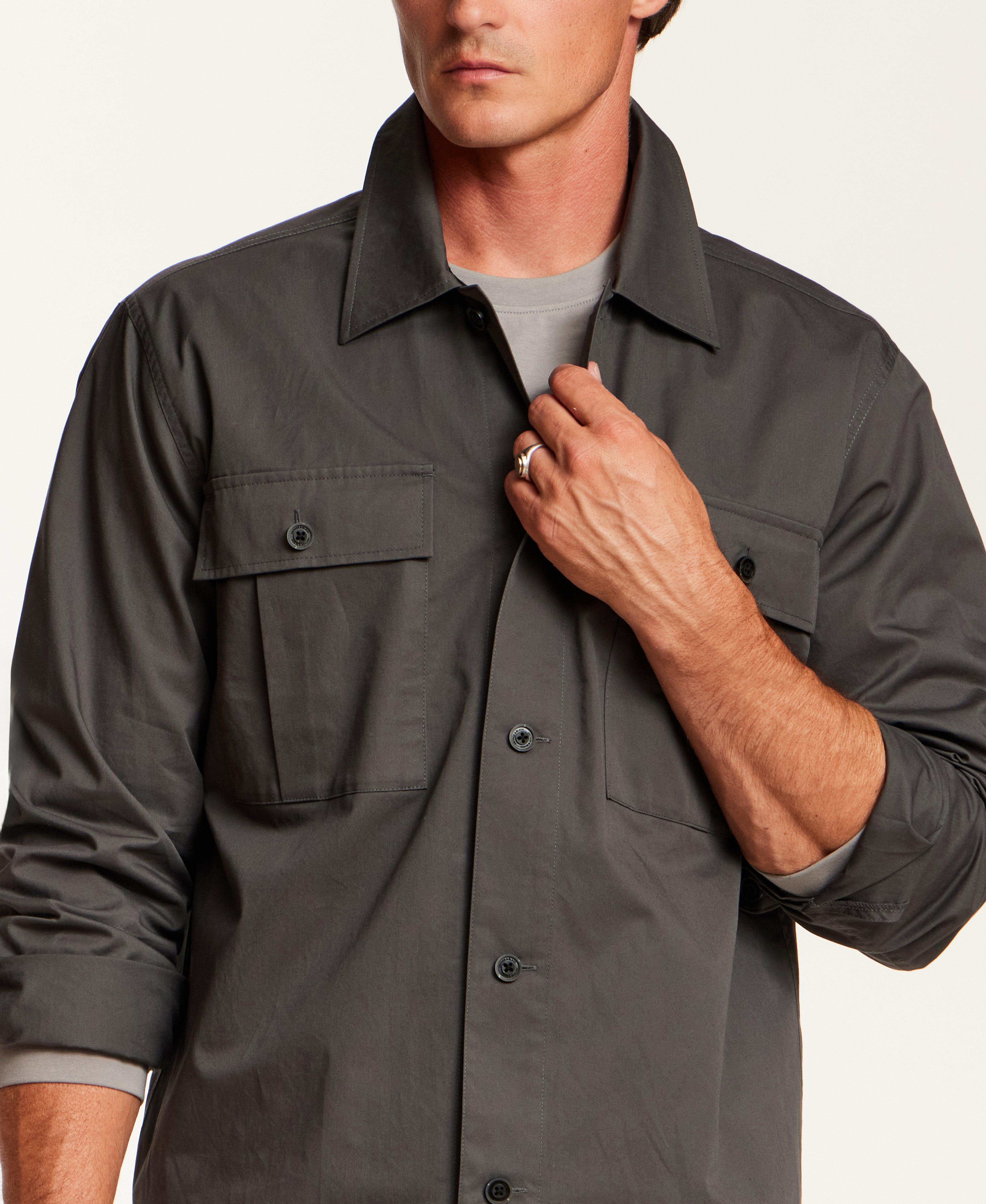 Cotton-Stretch Twill Overshirt in Charcoal