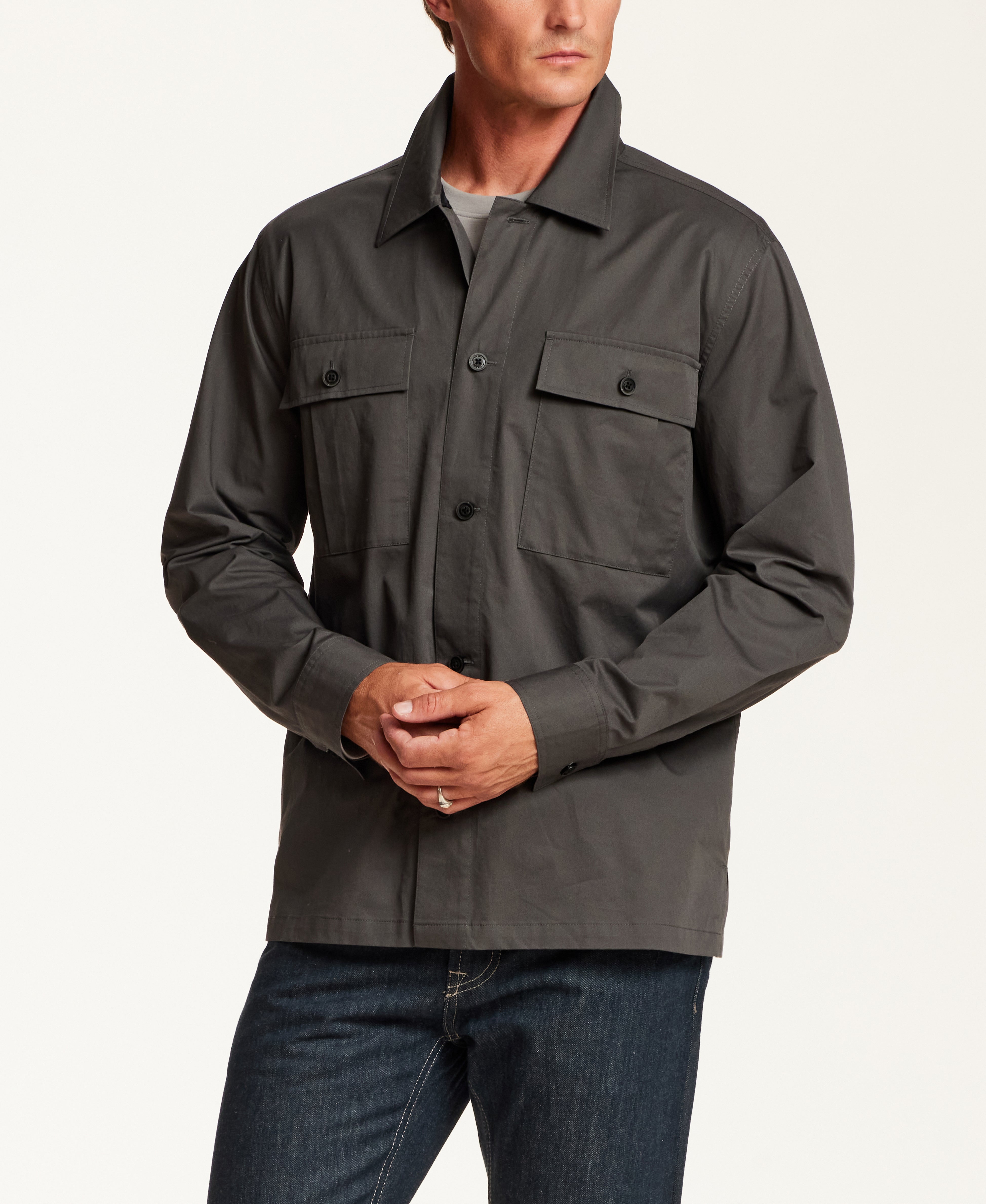 Cotton-Stretch Twill Overshirt in Charcoal
