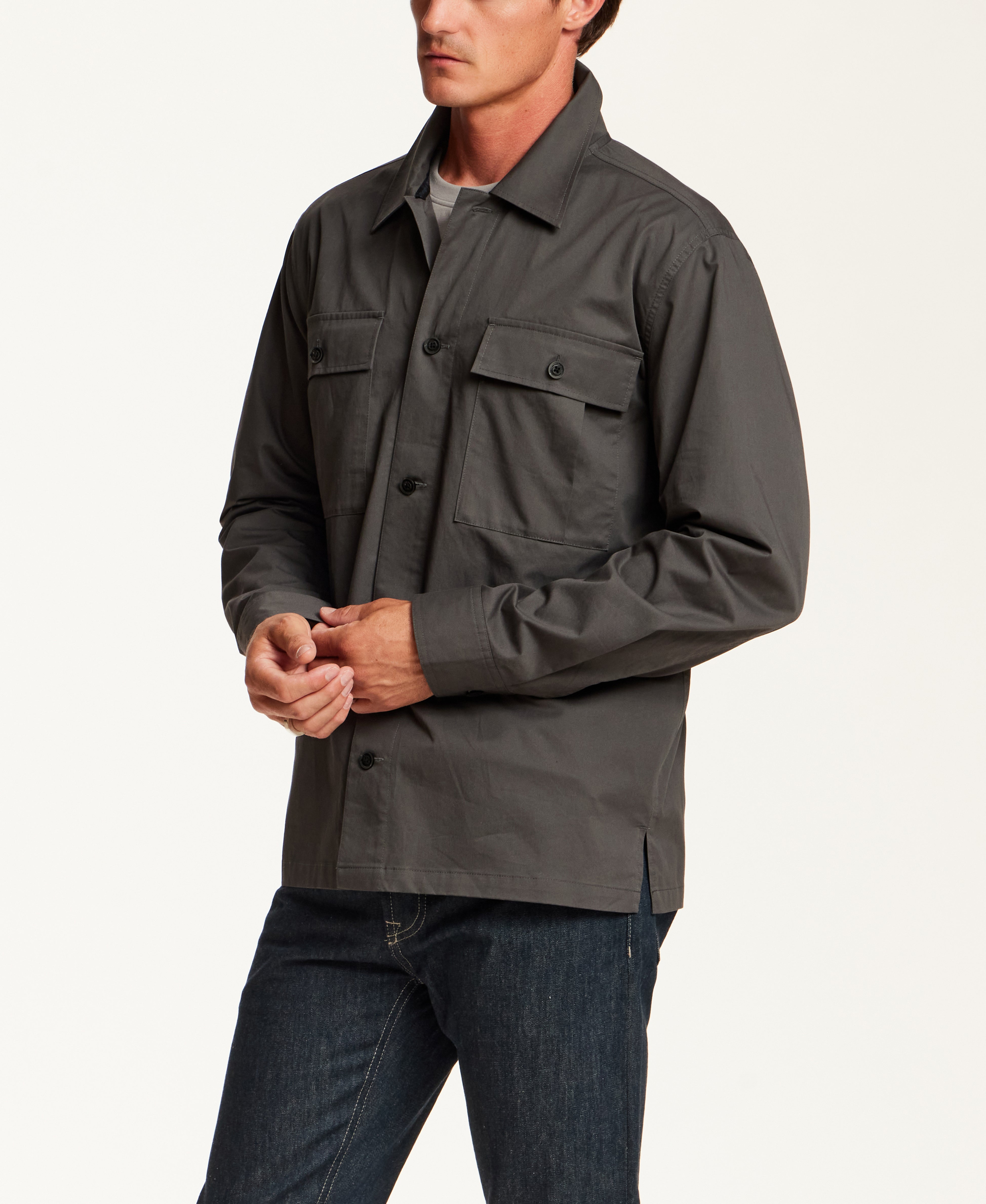 Cotton-Stretch Twill Overshirt in Charcoal