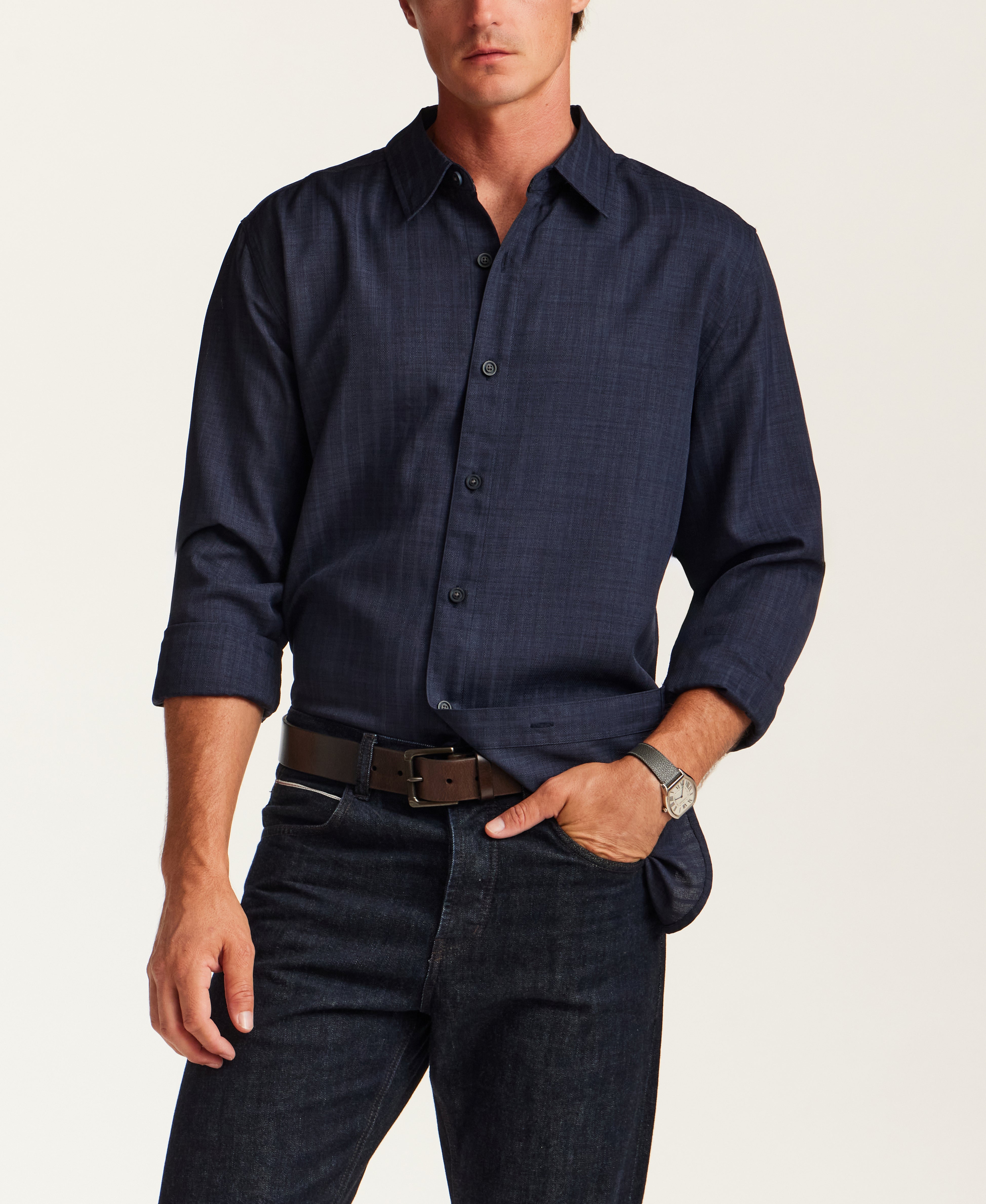 Vertical Texture Long-Sleeve Shirt in Navy