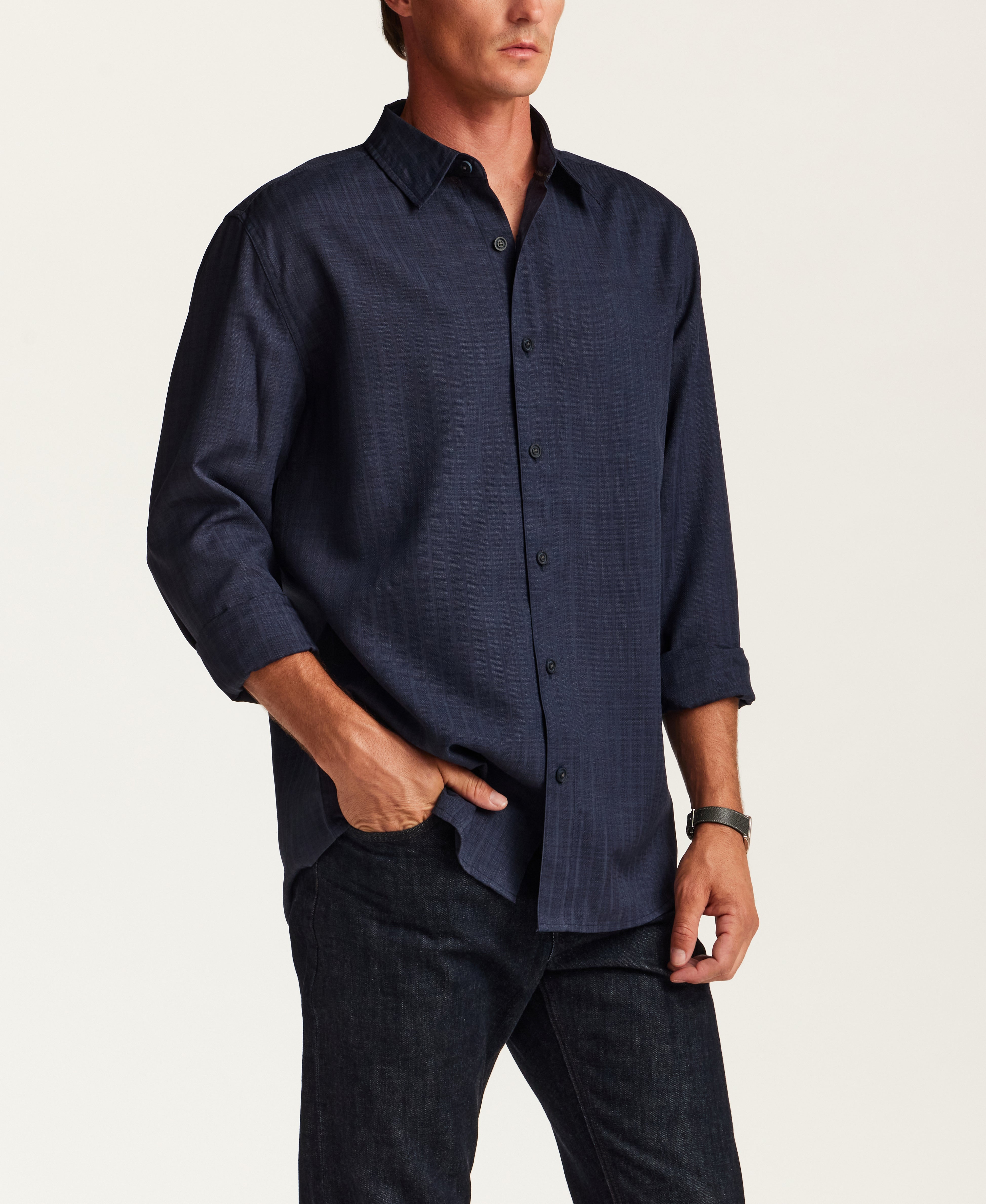 Vertical Texture Long-Sleeve Shirt in Navy