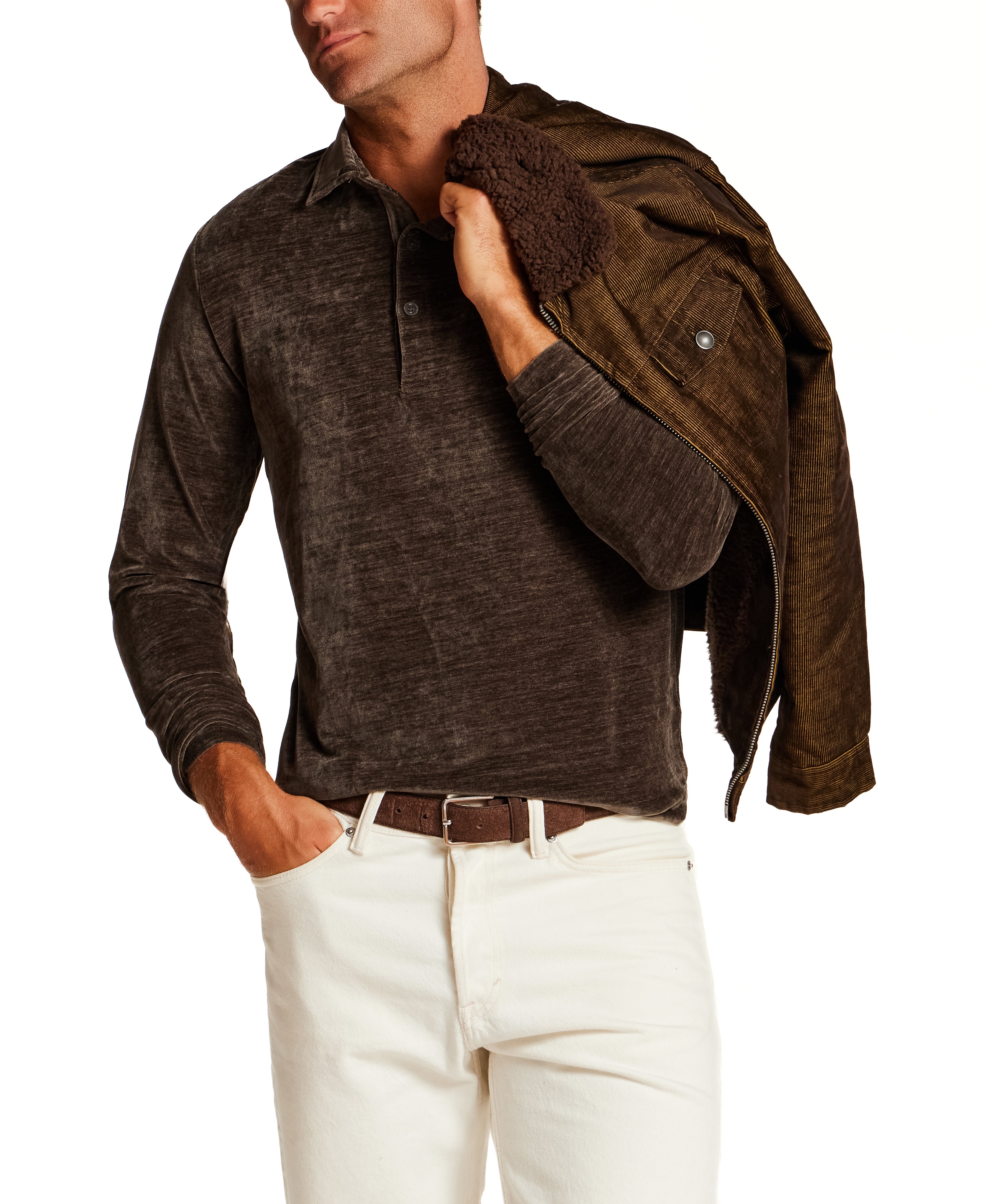 Long Sleeve Velour Polo Shirt in Olive