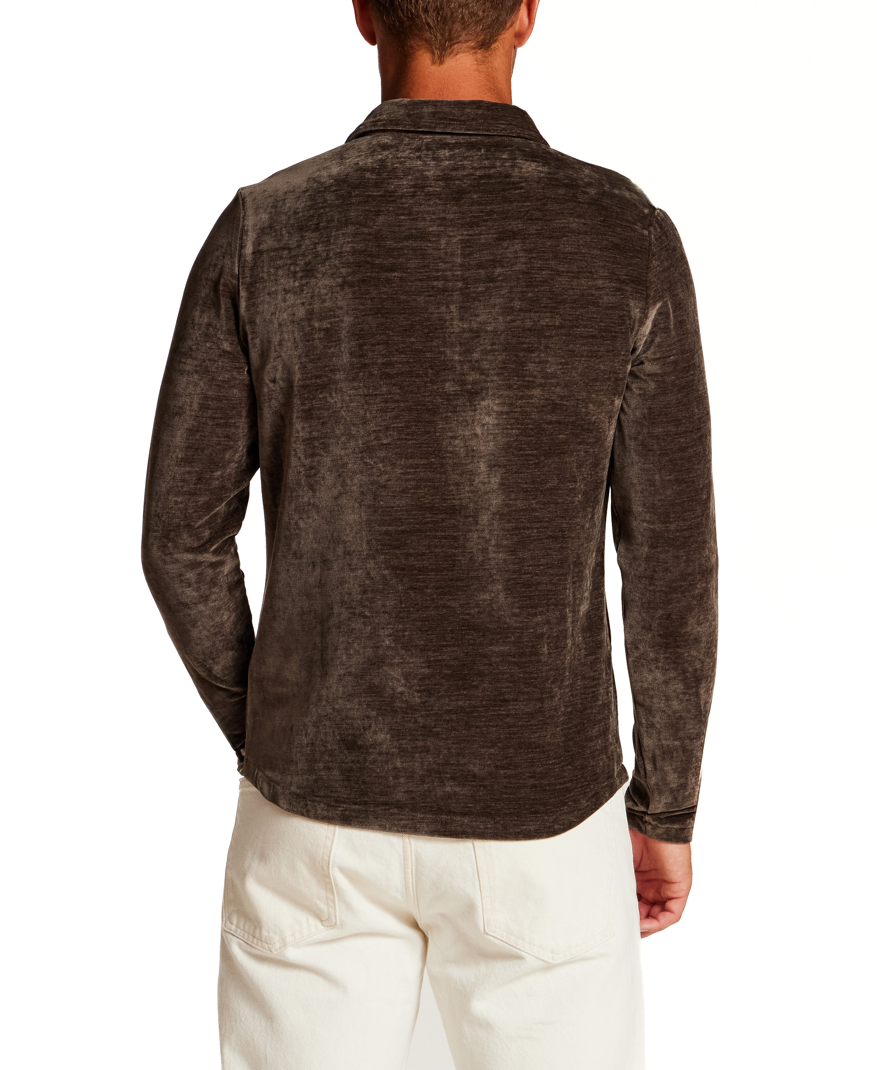 Long Sleeve Velour Polo Shirt in Olive