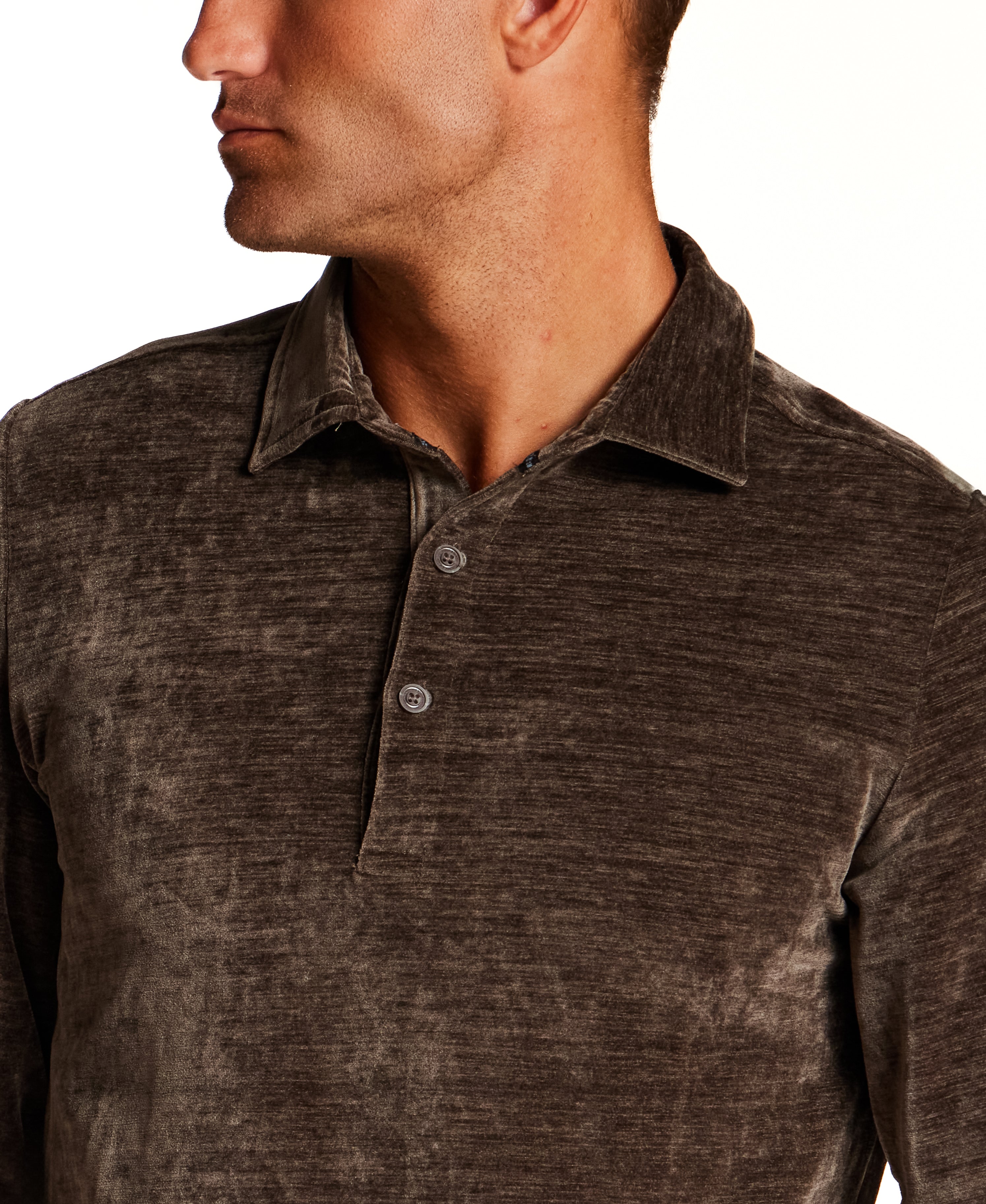 Long Sleeve Velour Polo Shirt in Olive