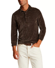 Long Sleeve Velour Polo Shirt in Olive