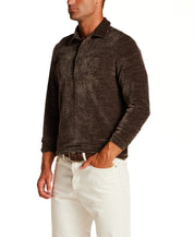 Long Sleeve Velour Polo Shirt in Olive