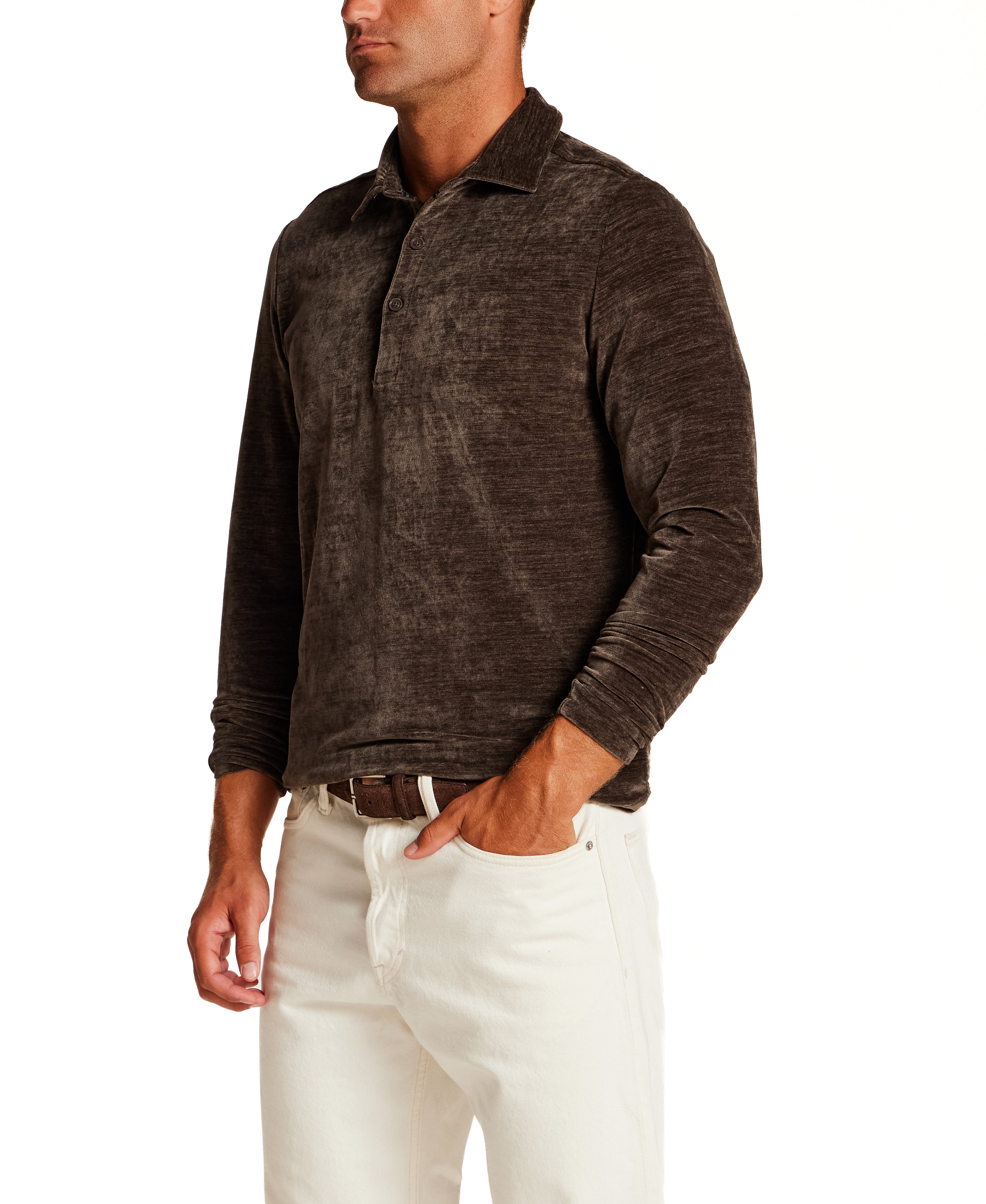 Long Sleeve Velour Polo Shirt in Olive