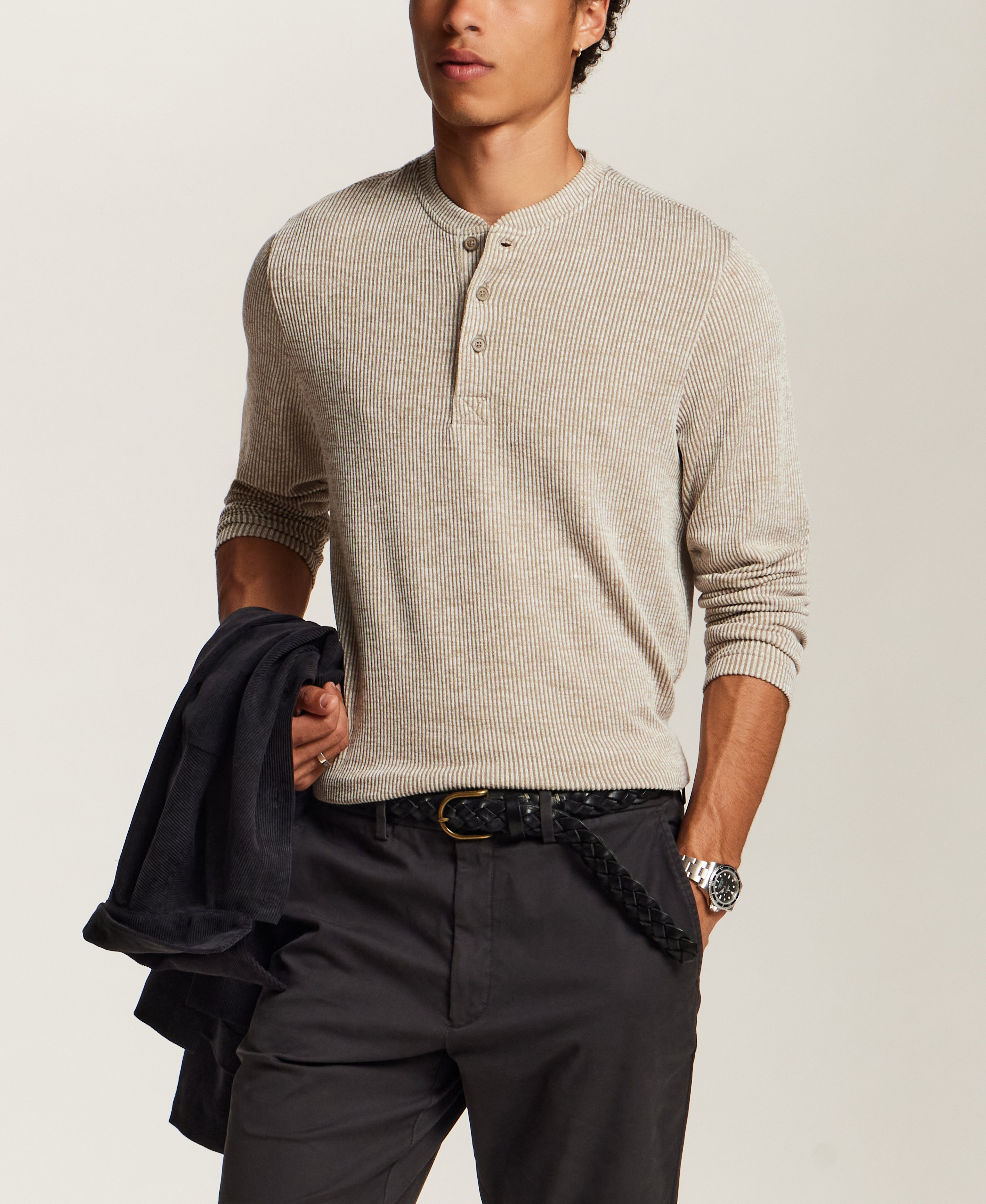 Textured Rib Henley in Khaki White