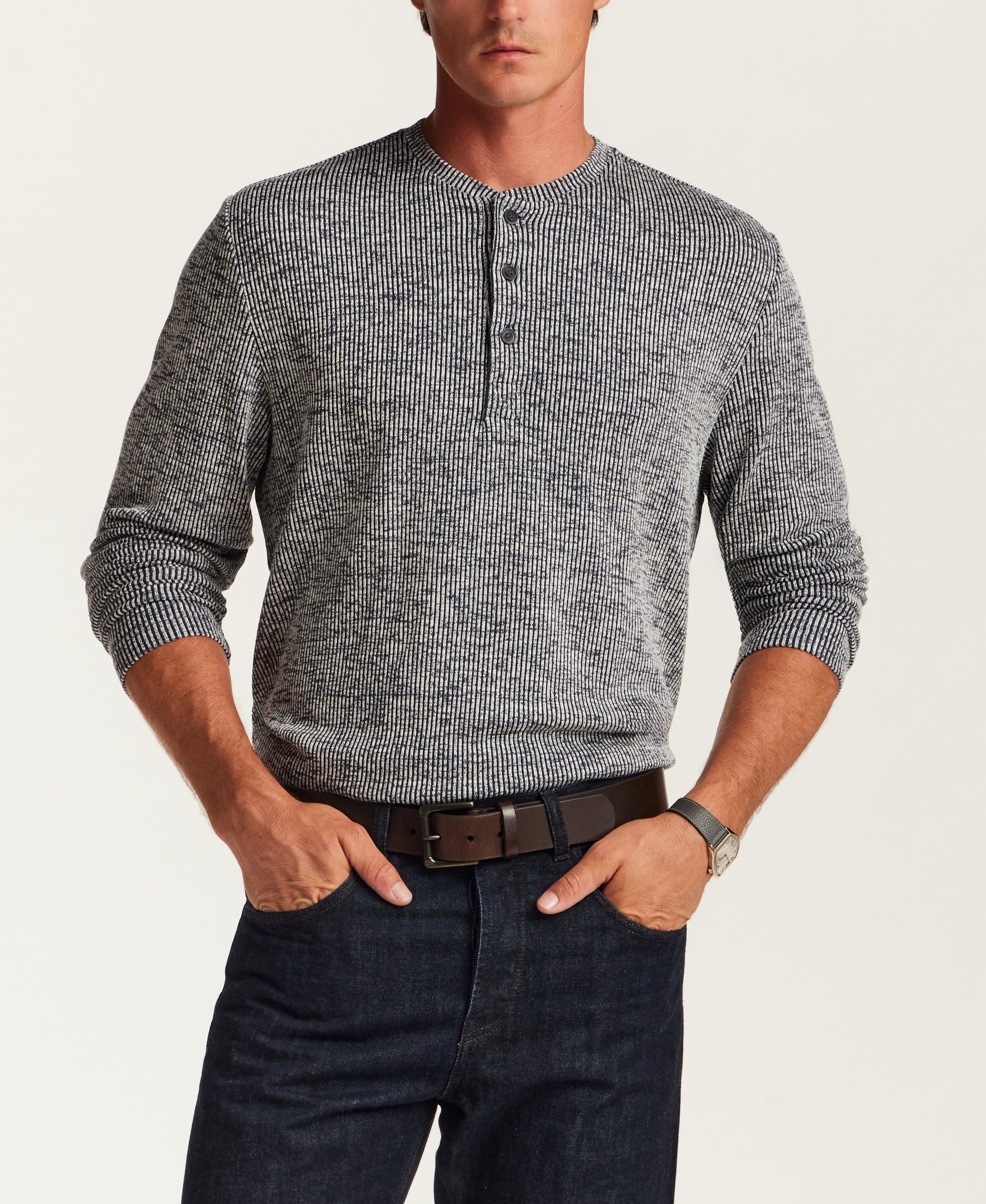Textured Rib Henley in Navy White