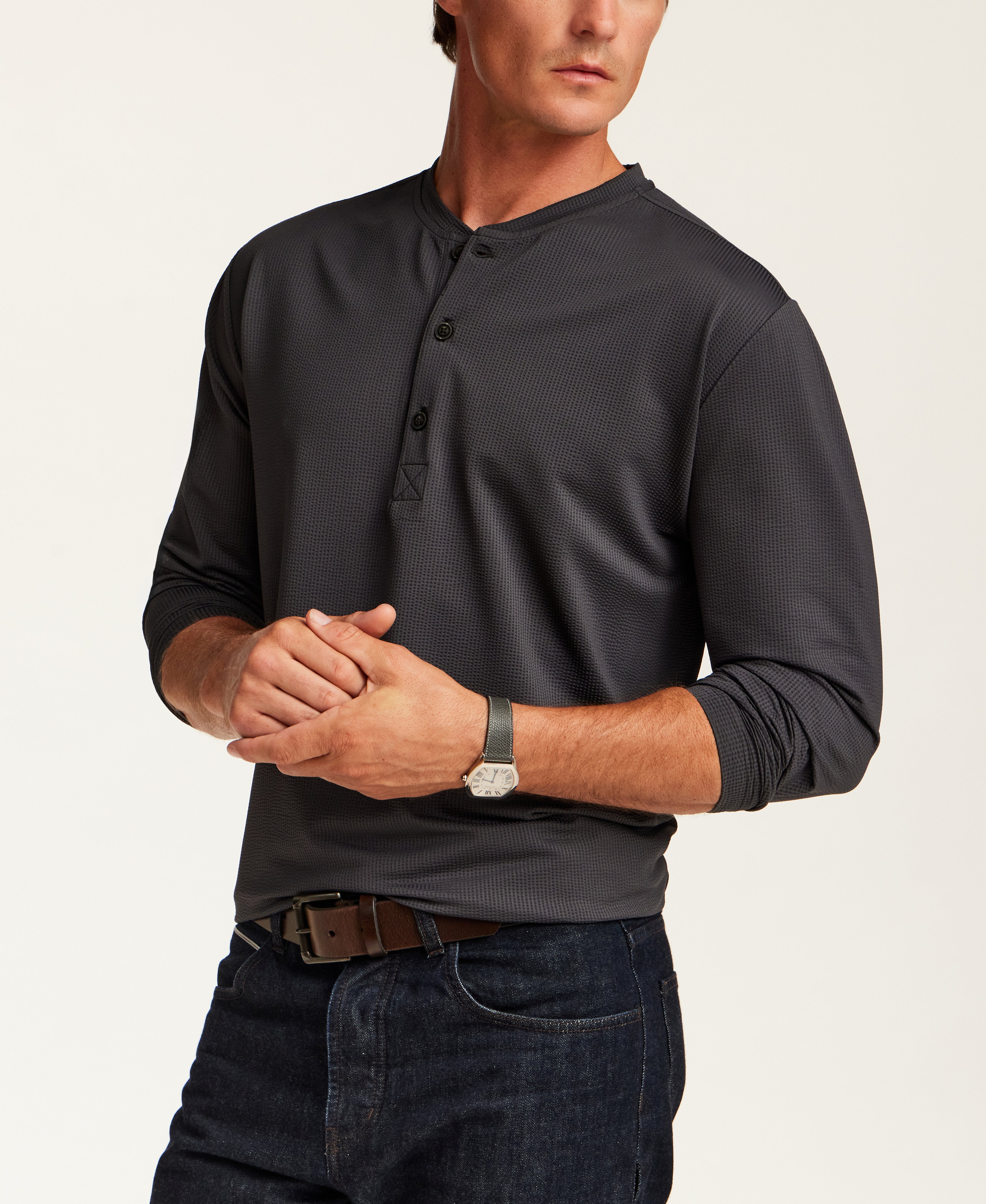 Mini Seersucker Performance Henley in Charcoal Grey