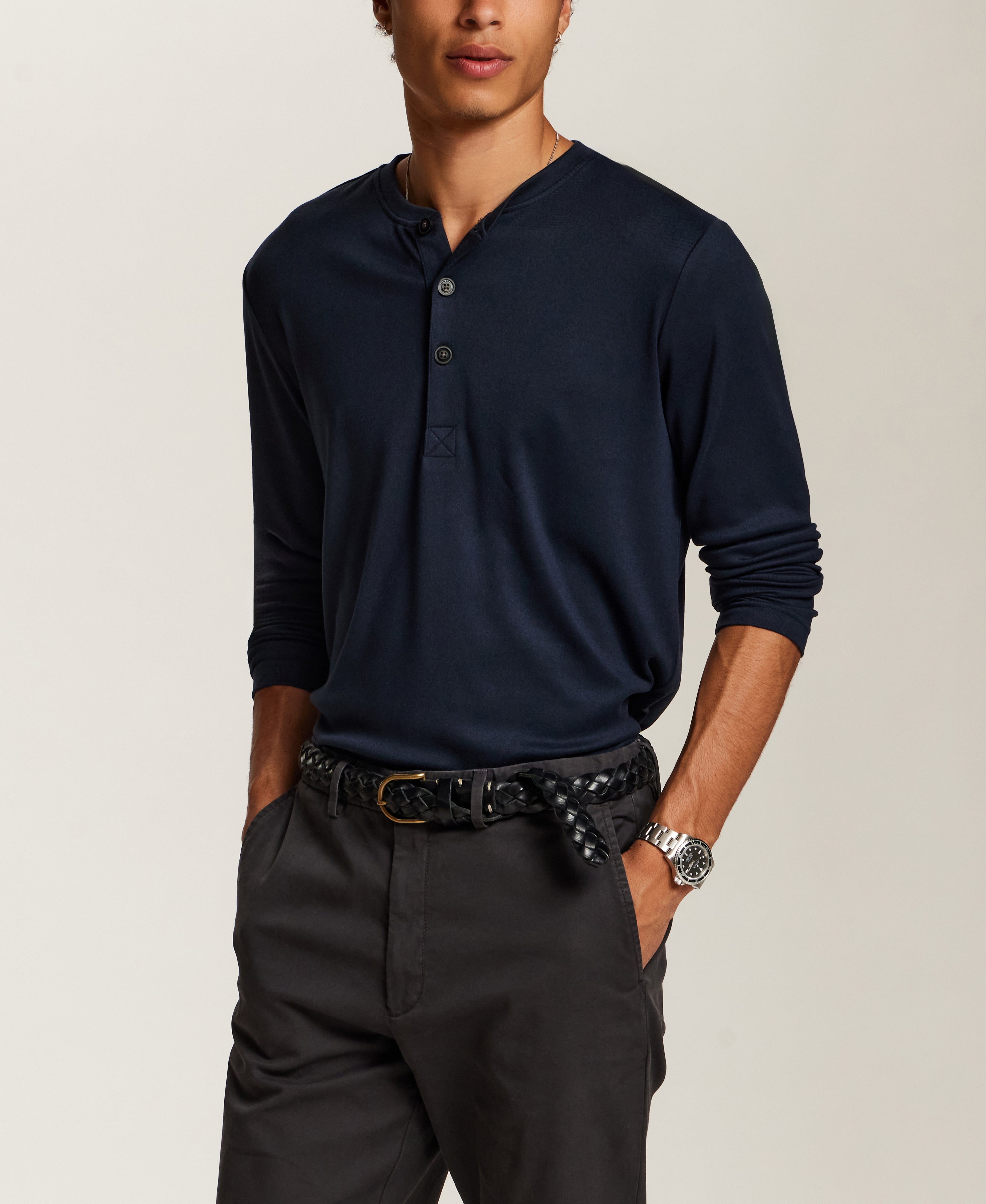 Soft Stretch Henley in Navy