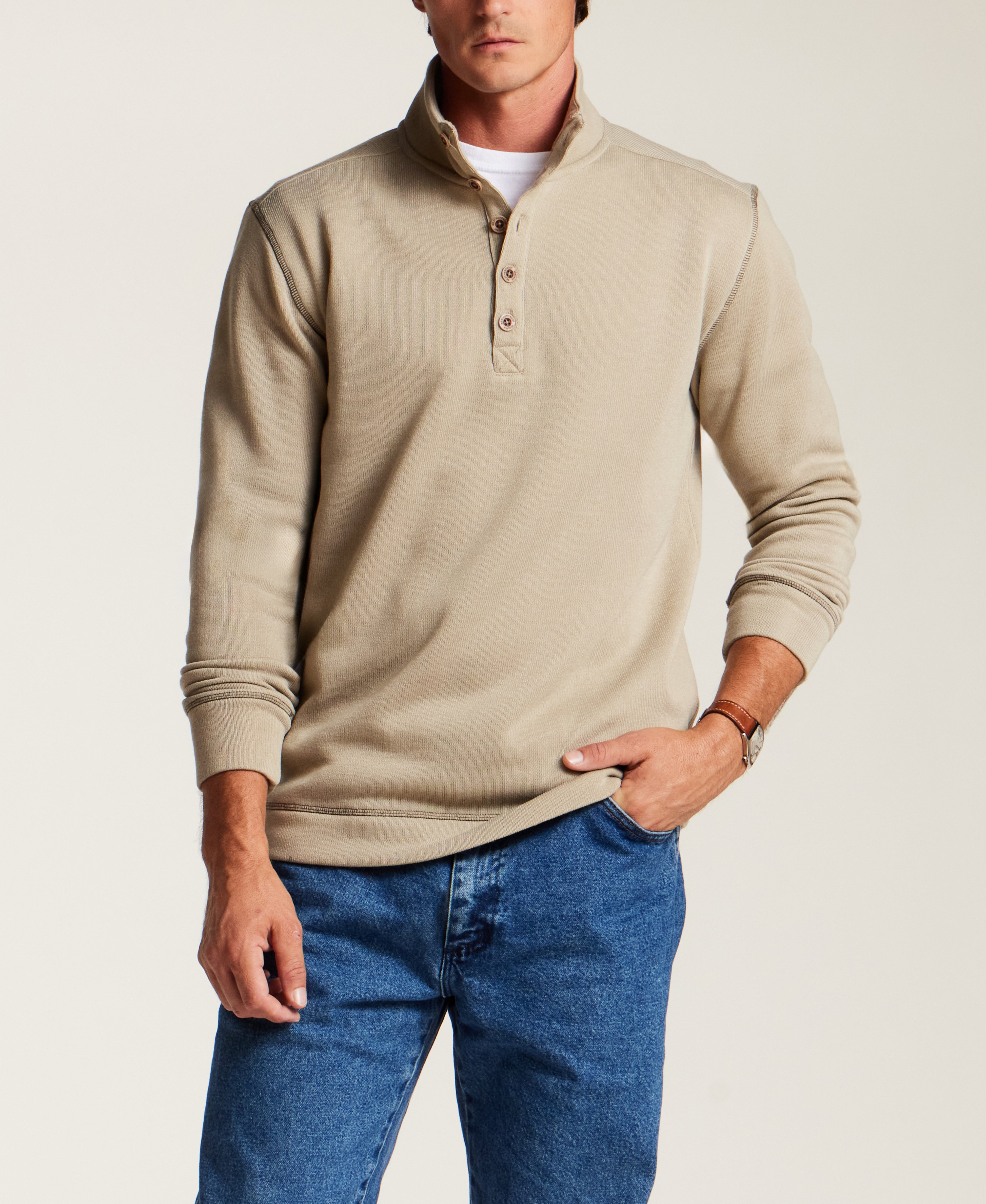 Mock Neck Sweater Fleece Pullover in Abbey Stone