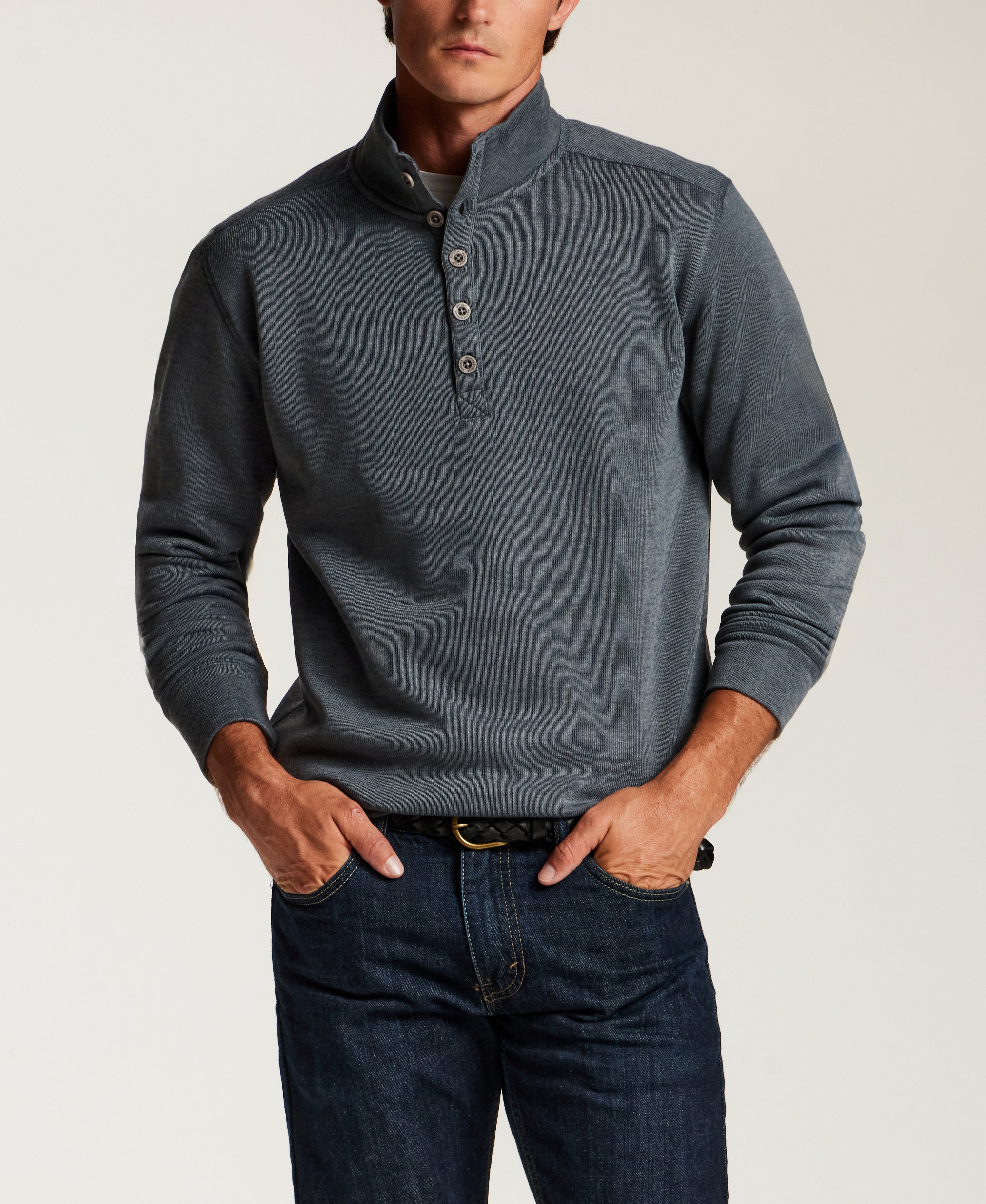 Mock Neck Sweater Fleece Pullover in Storm Blue
