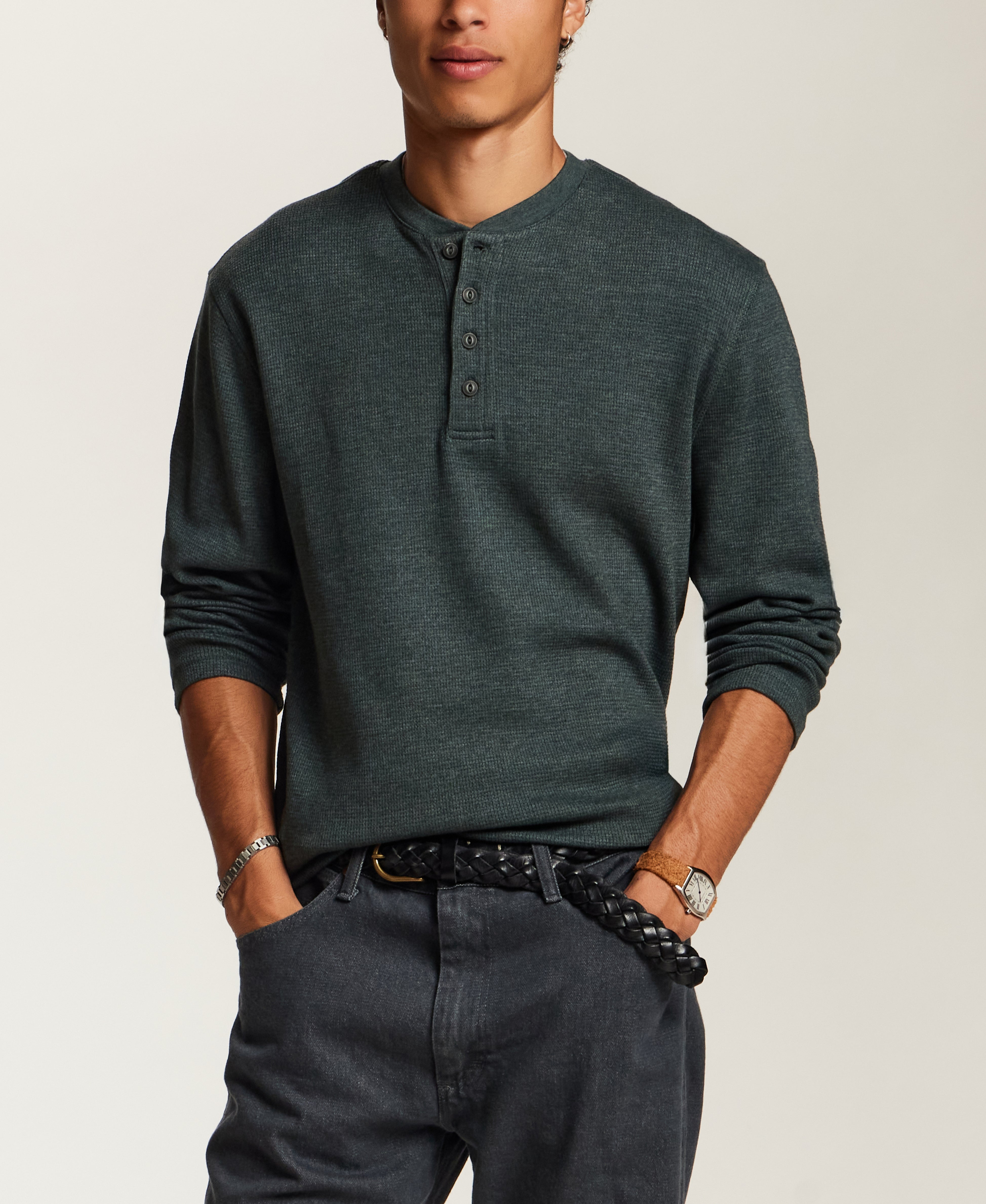 Classic Thermal Henley in Heather Scarab