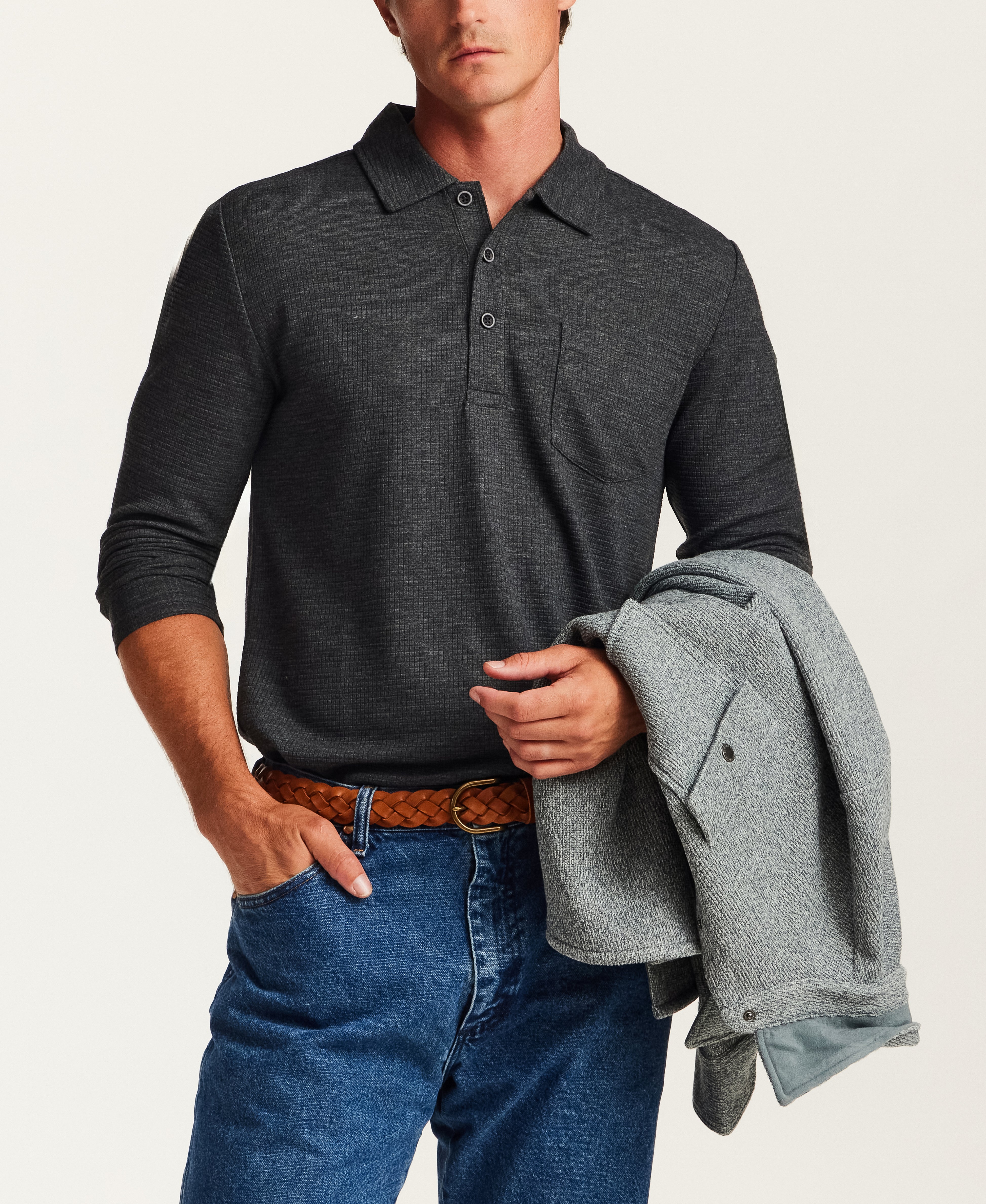 Textured Long Sleeve Polo in Moonless Night Heather