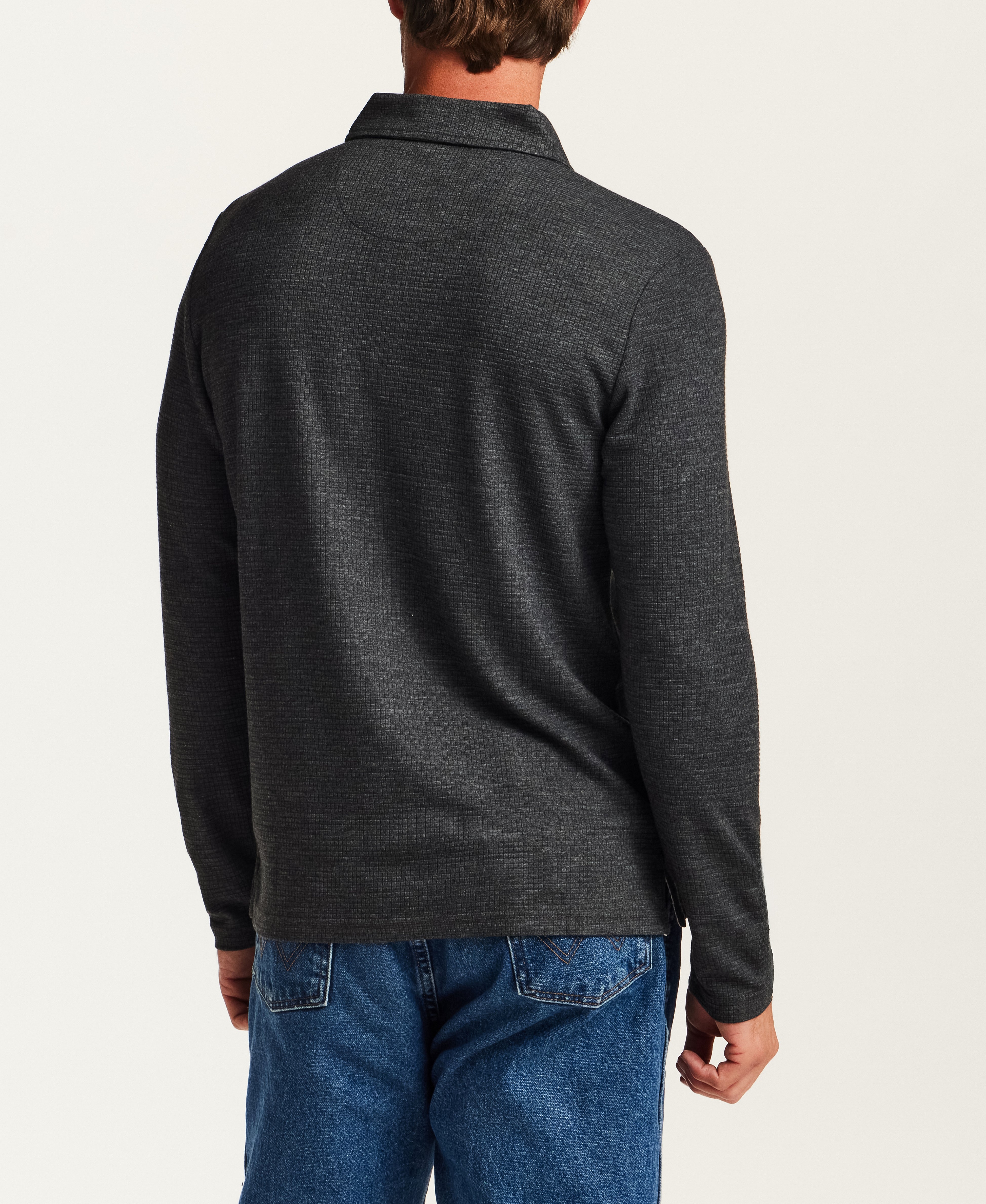 Textured Long Sleeve Polo in Moonless Night Heather