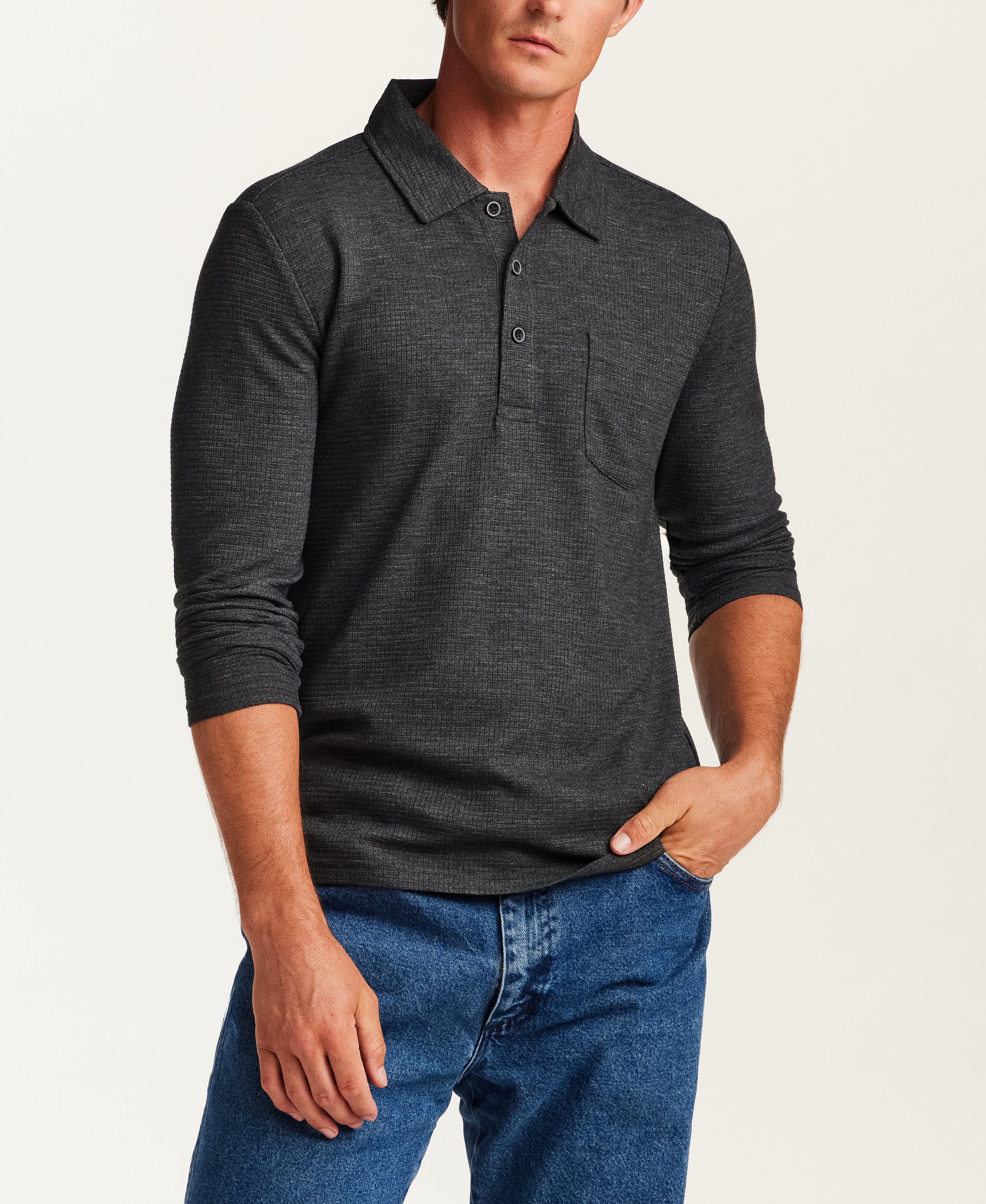 Textured Long Sleeve Polo in Moonless Night Heather