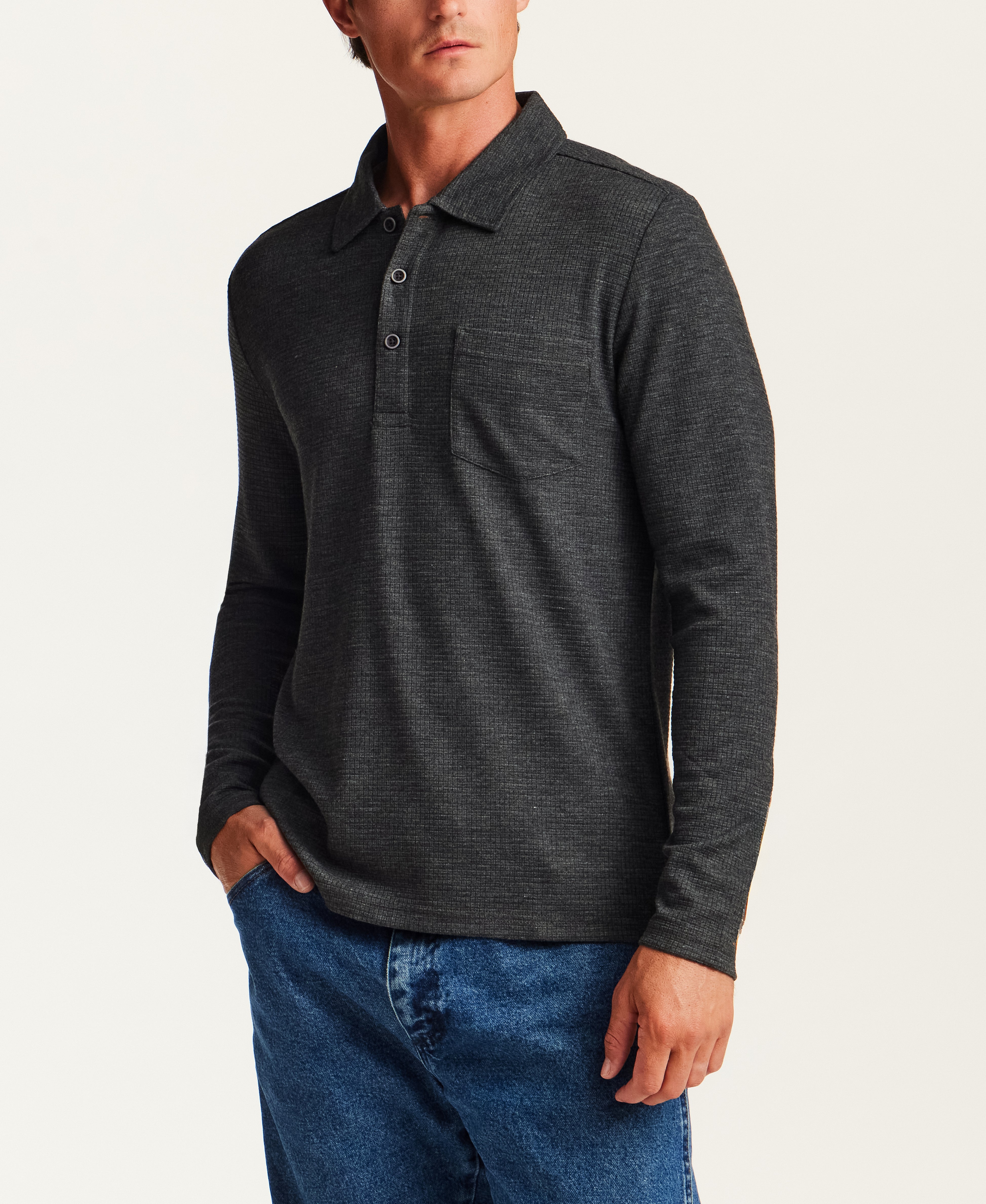 Textured Long Sleeve Polo in Moonless Night Heather