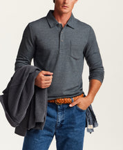 Textured Long Sleeve Polo in Slate Blue Heather