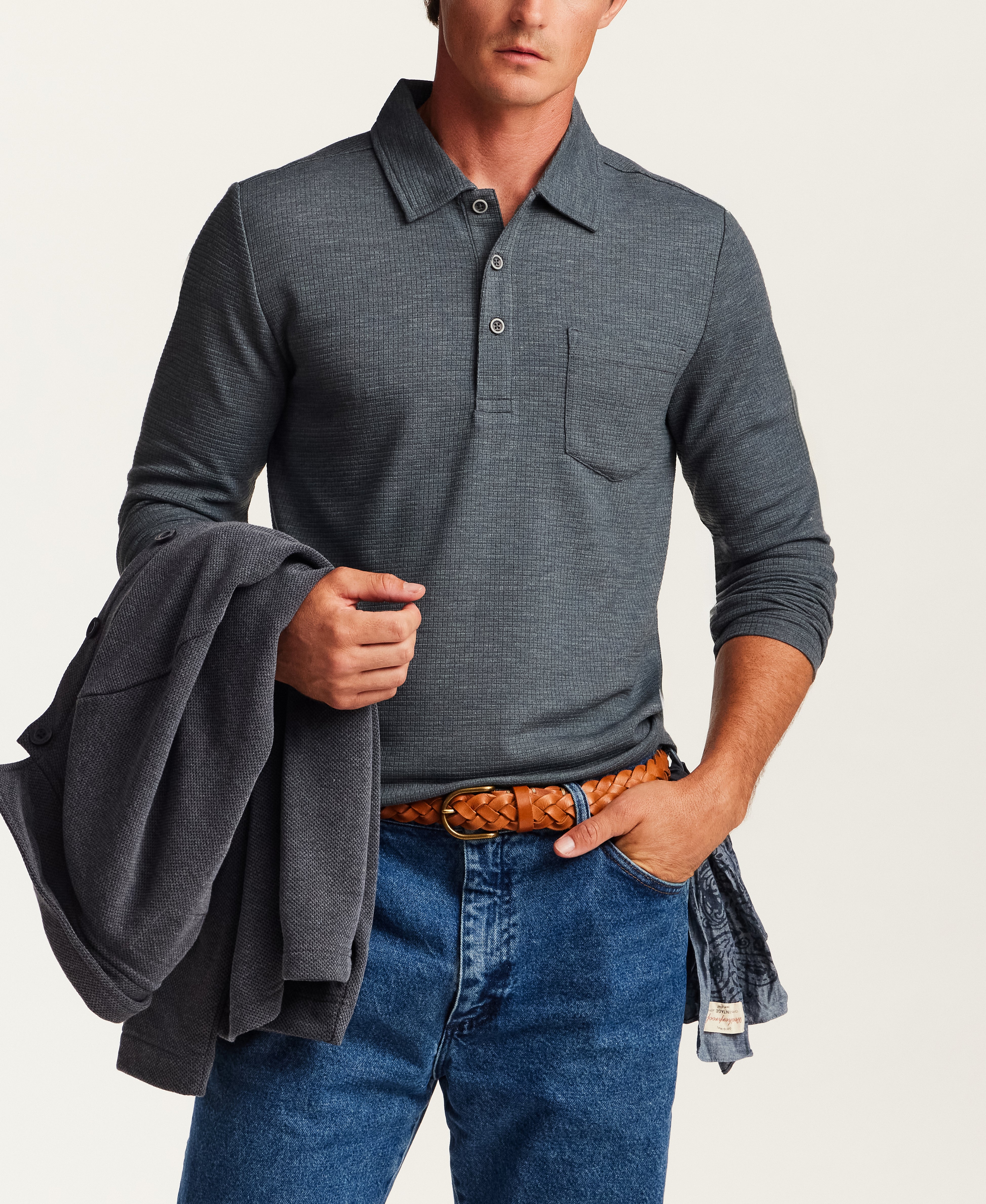 Textured Long Sleeve Polo in Slate Blue Heather