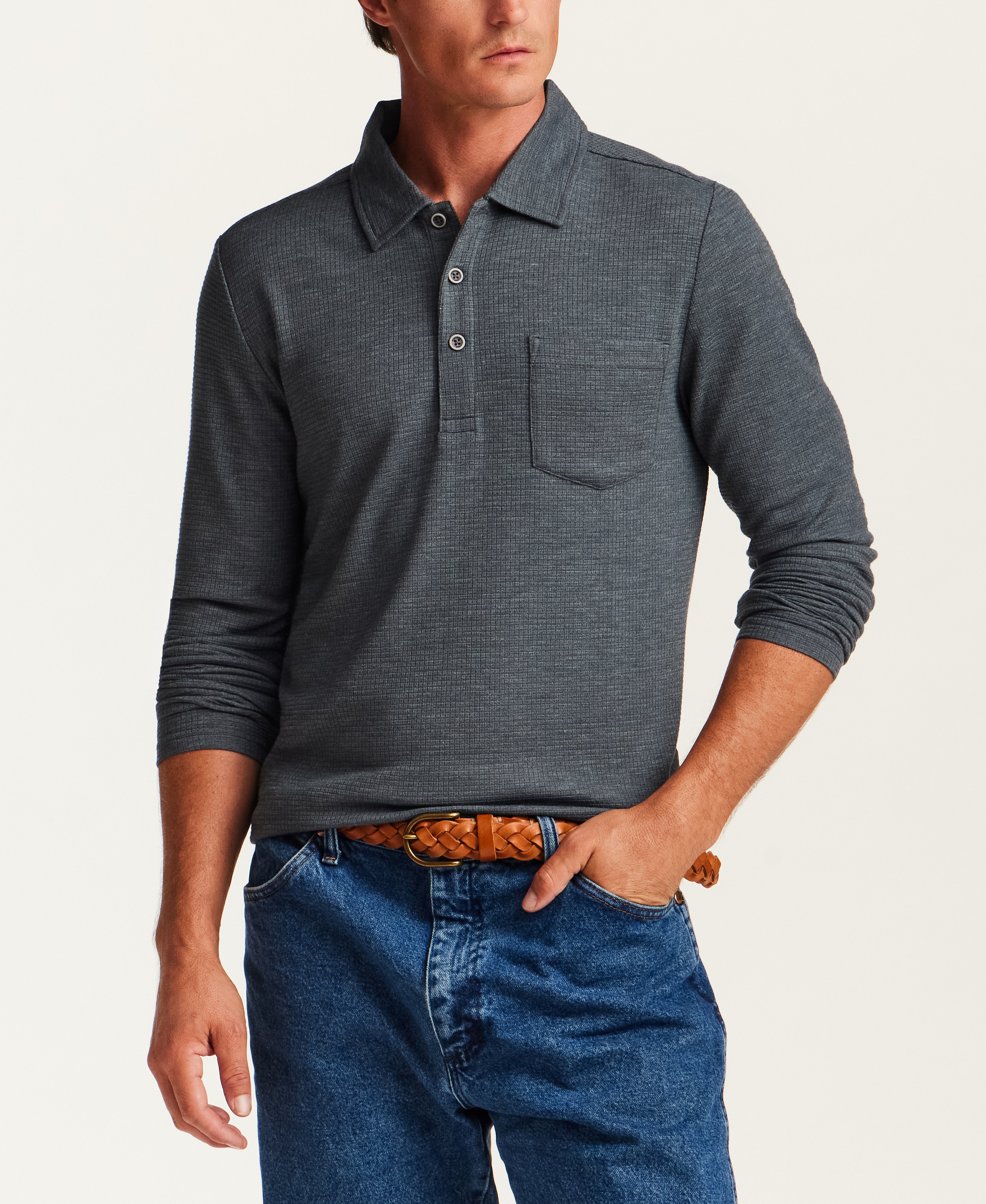 Textured Long Sleeve Polo in Slate Blue Heather