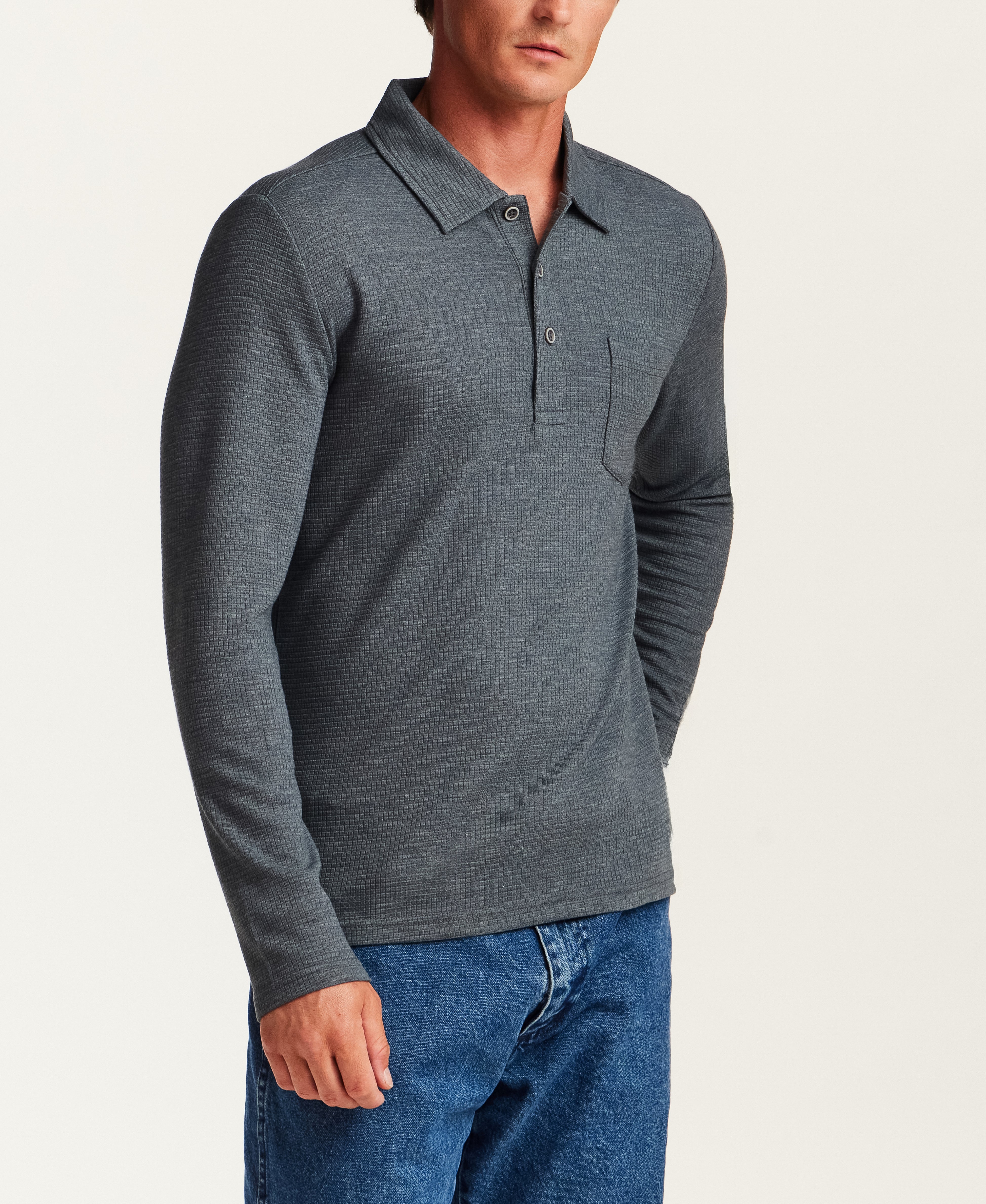 Textured Long Sleeve Polo in Slate Blue Heather