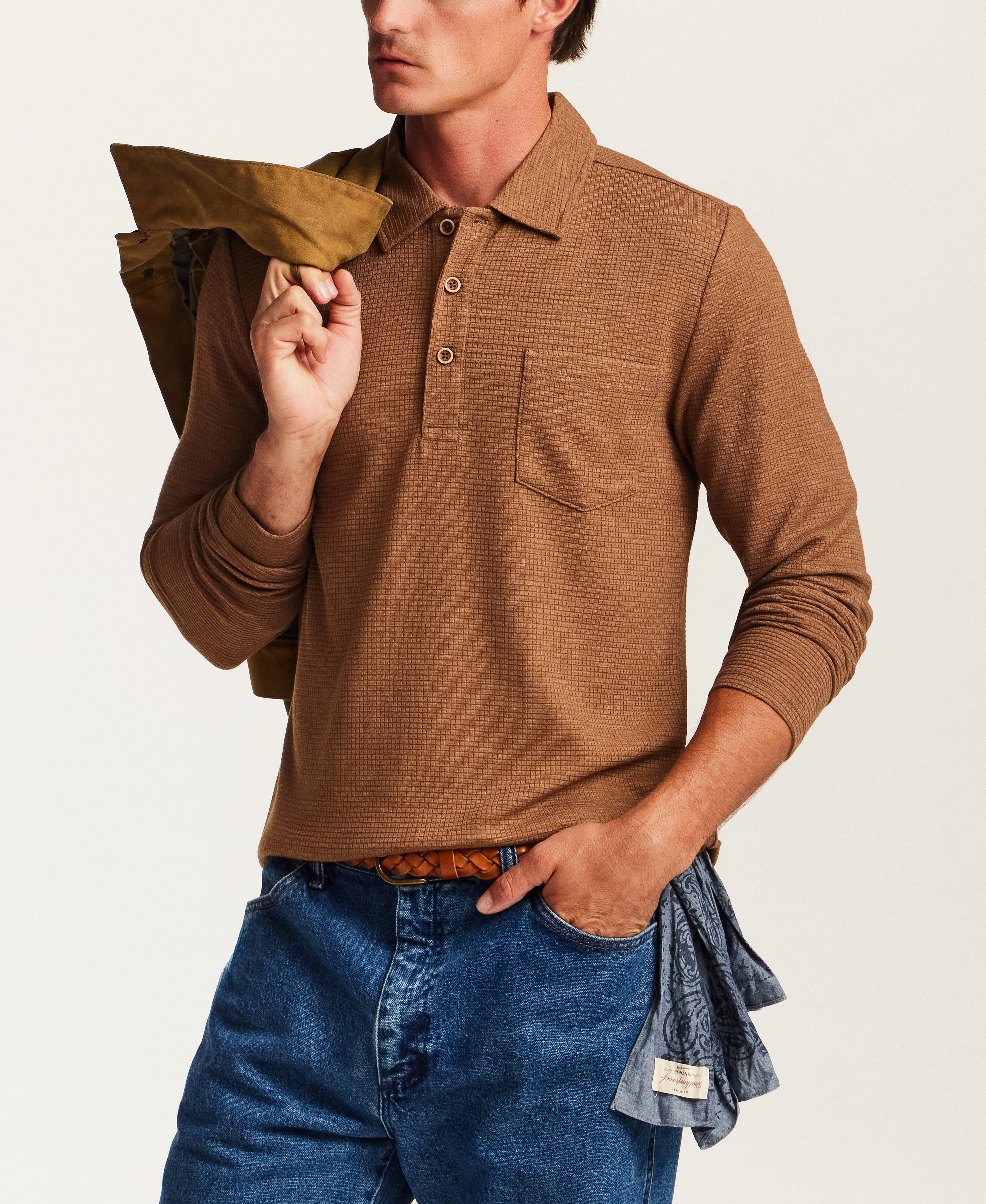 Textured Long Sleeve Polo in Spanish Brown Heather