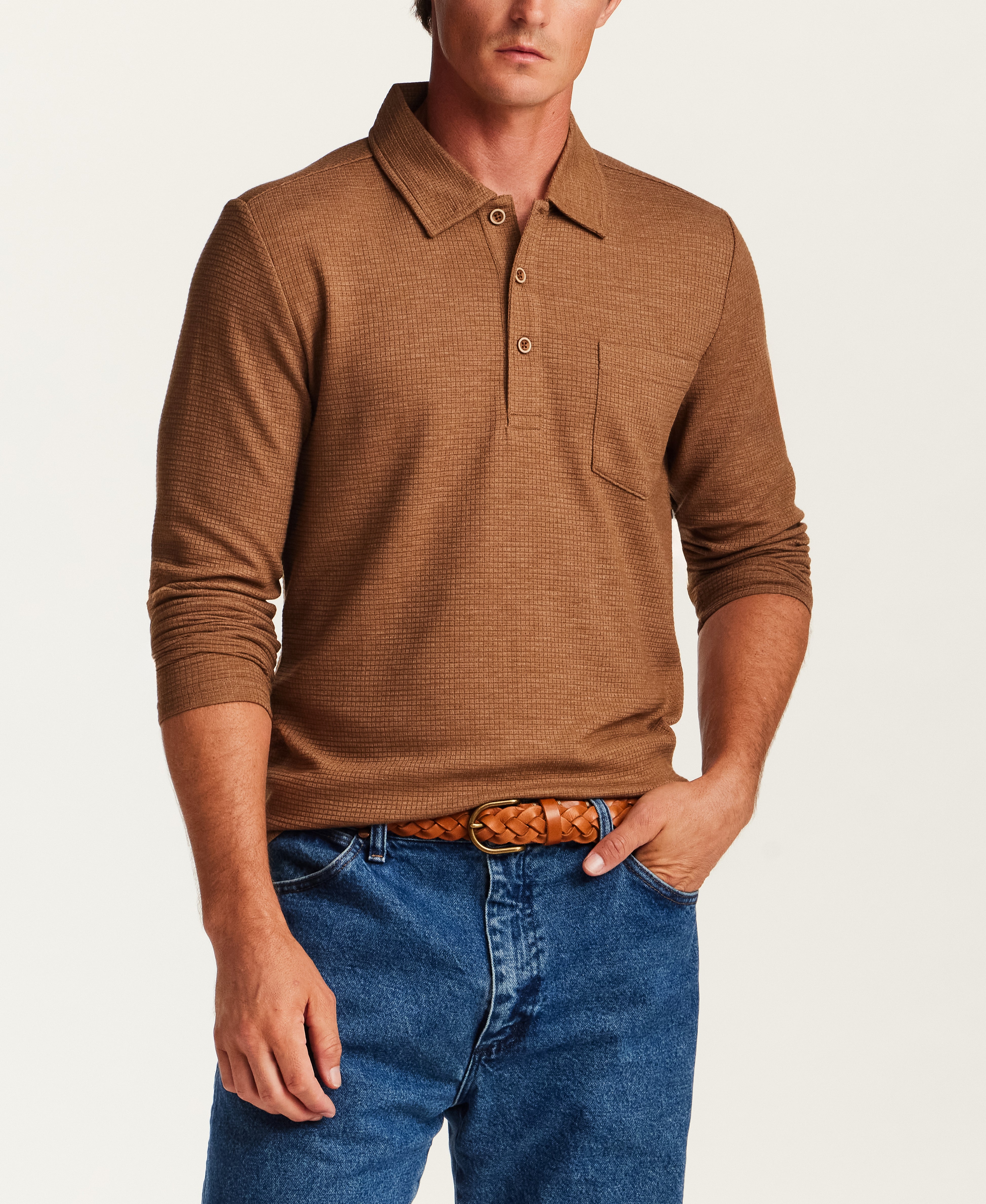 Textured Long Sleeve Polo in Spanish Brown Heather