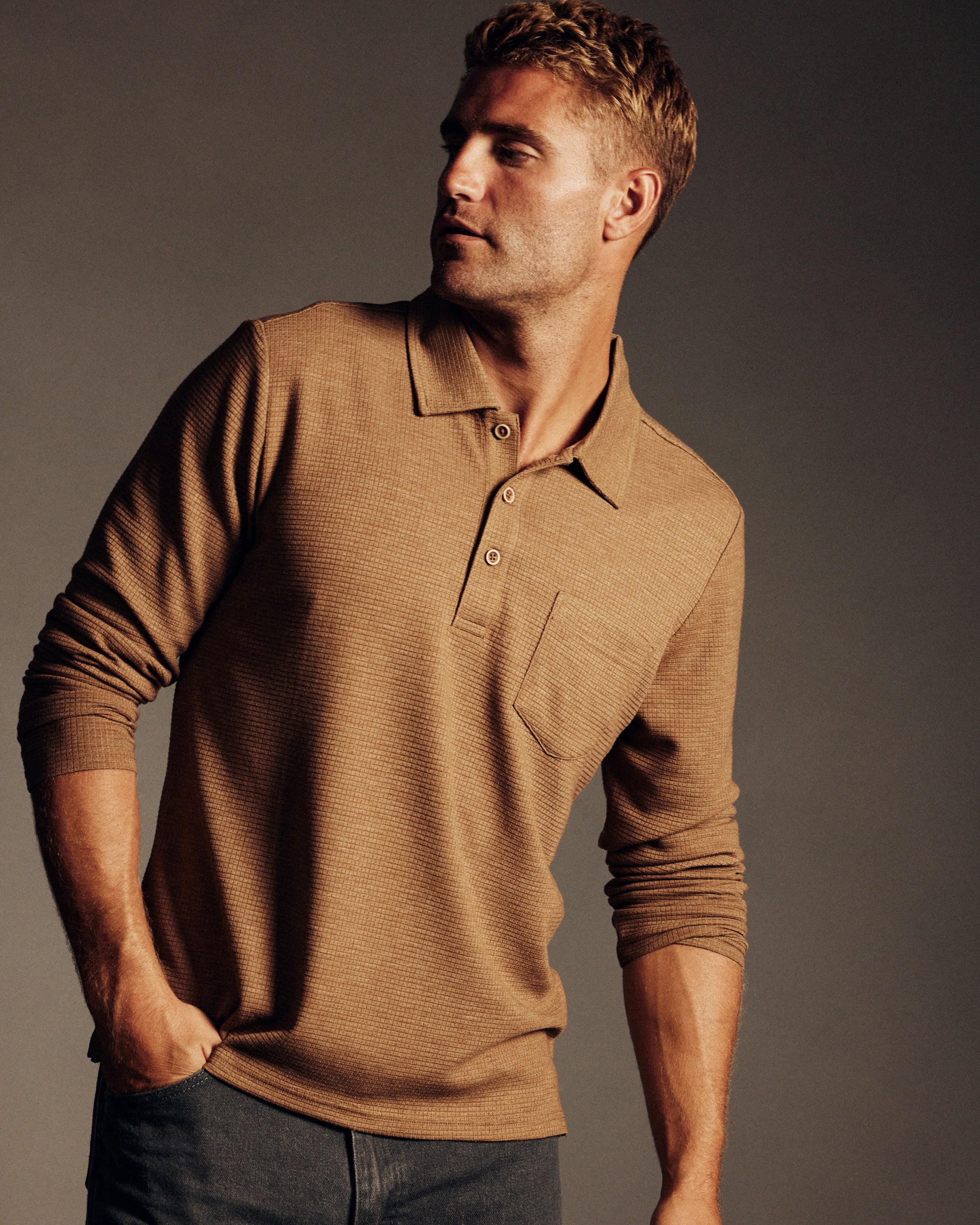 Textured Long Sleeve Polo in Spanish Brown Heather
