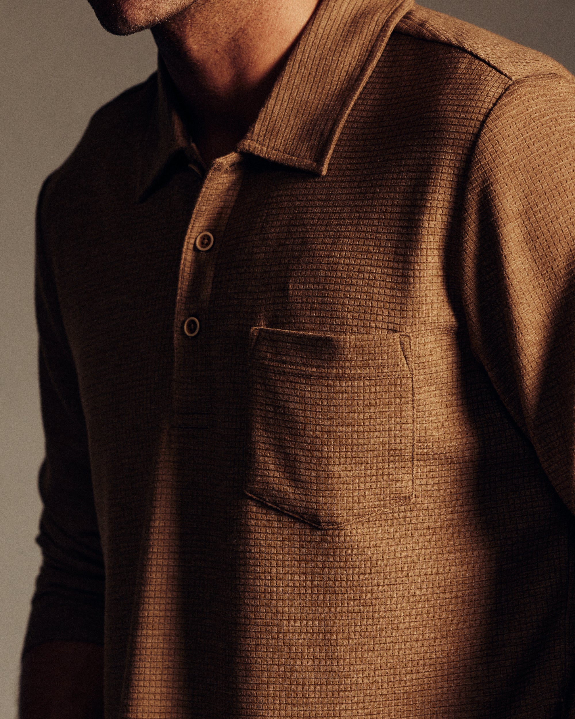 Textured Long Sleeve Polo in Spanish Brown Heather