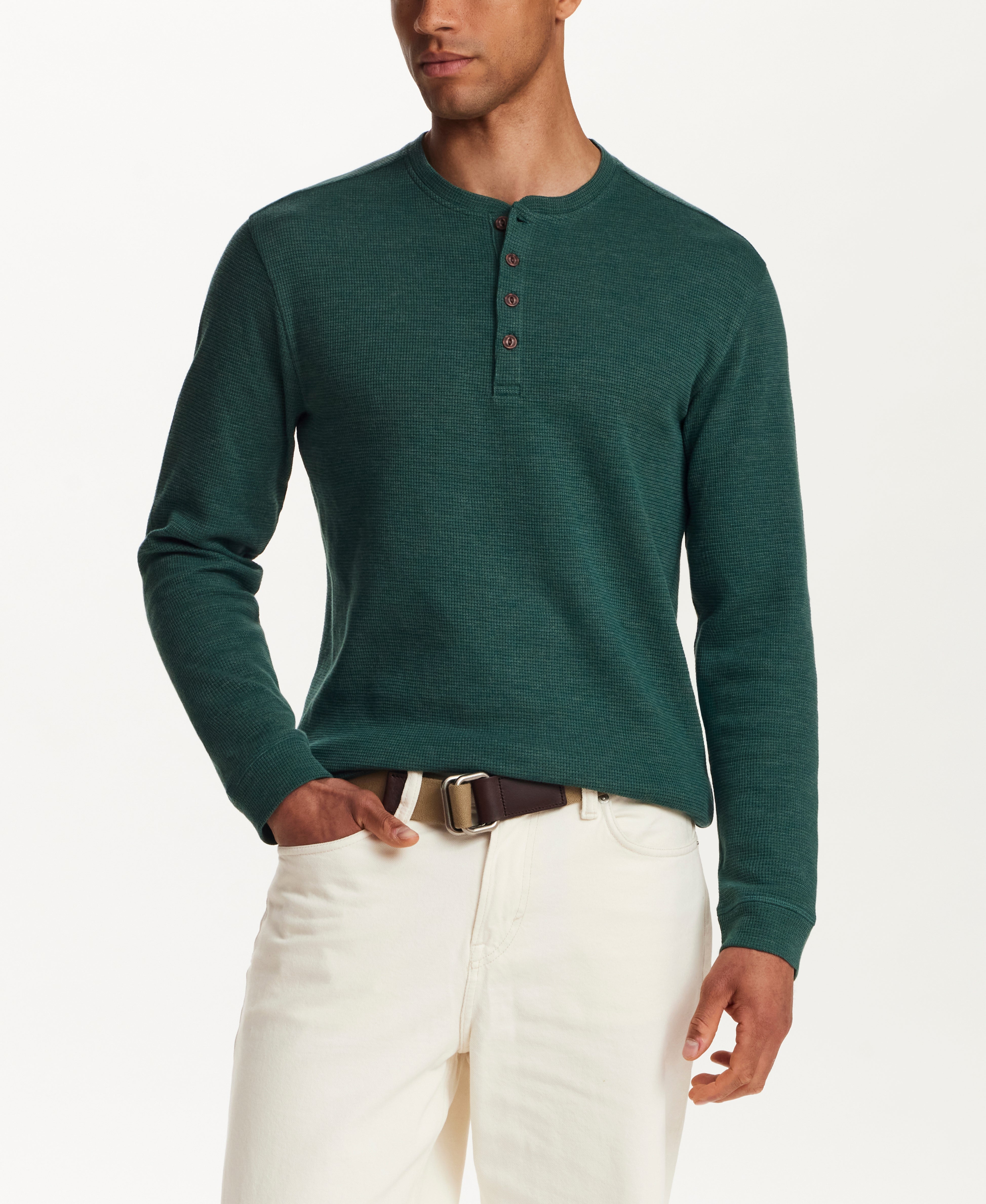 Microstripe Waffle Henley in Botanical