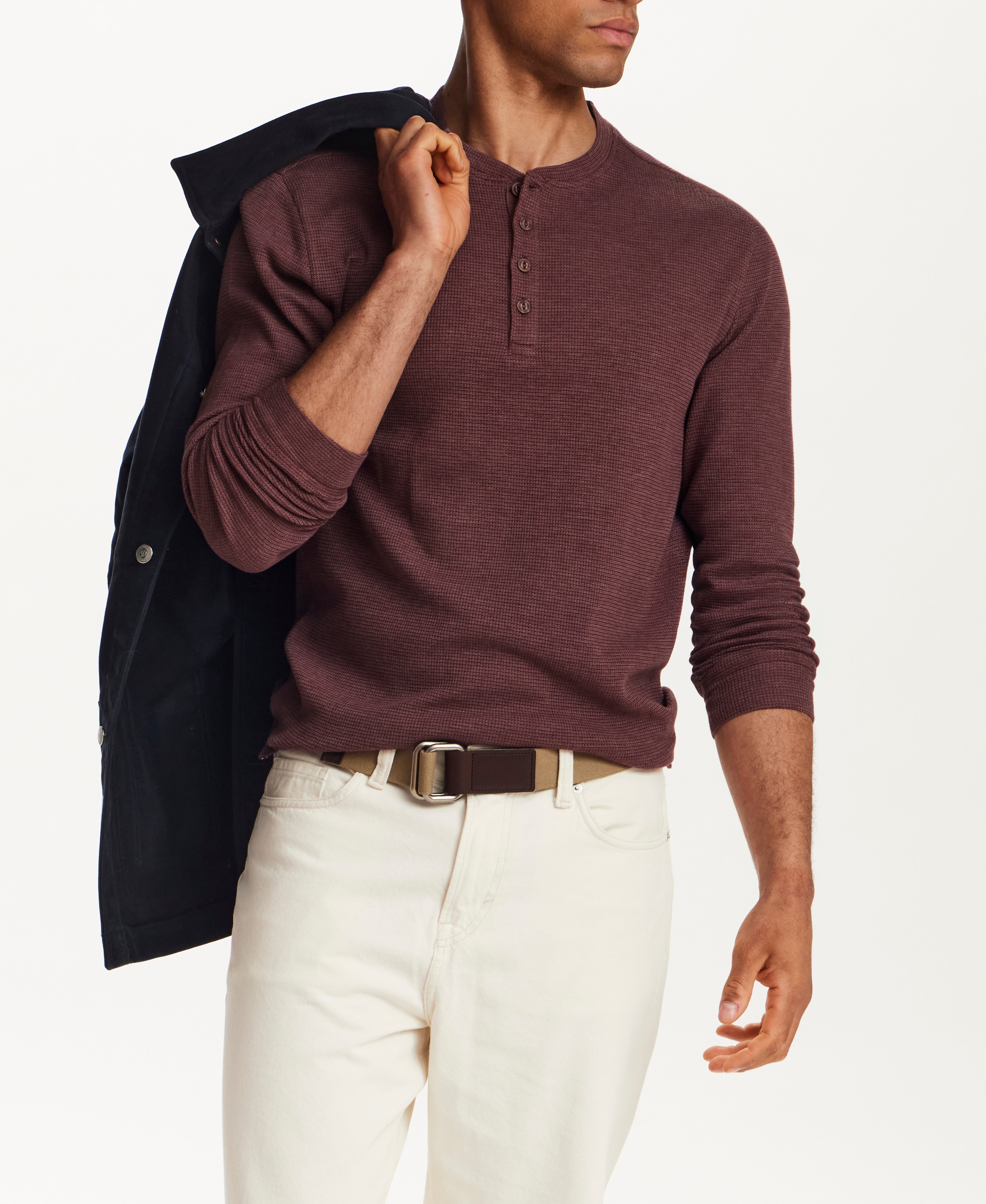 Microstripe Waffle Henley in Brick